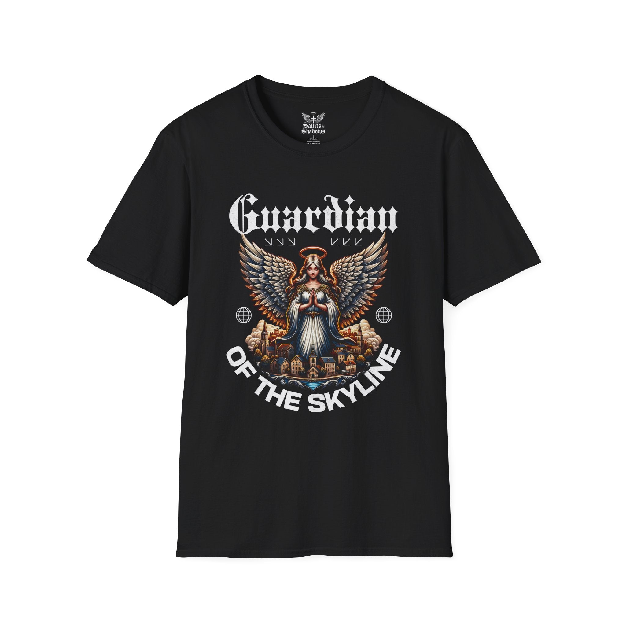 Saints and Shadows - Guardian of the Skyline, Angelic Artwork Unisex Softstyle T-Shirt, Casual Wear