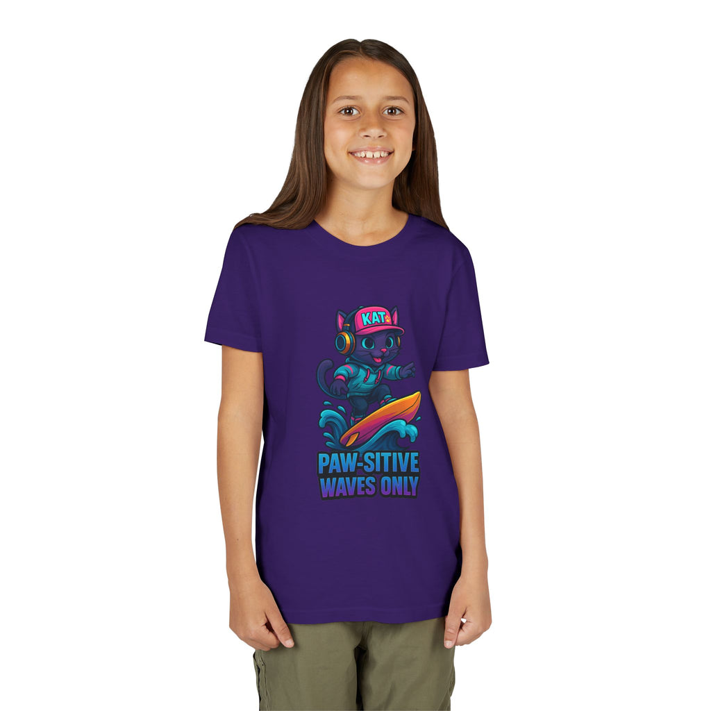 DJ KAT PAWS Paw-Sitive Waves Only, Youth Tee | Kids Surfing T-Shirt, Fun Cat Graphic Top, Summer Apparel, Gifts for Animal Lovers