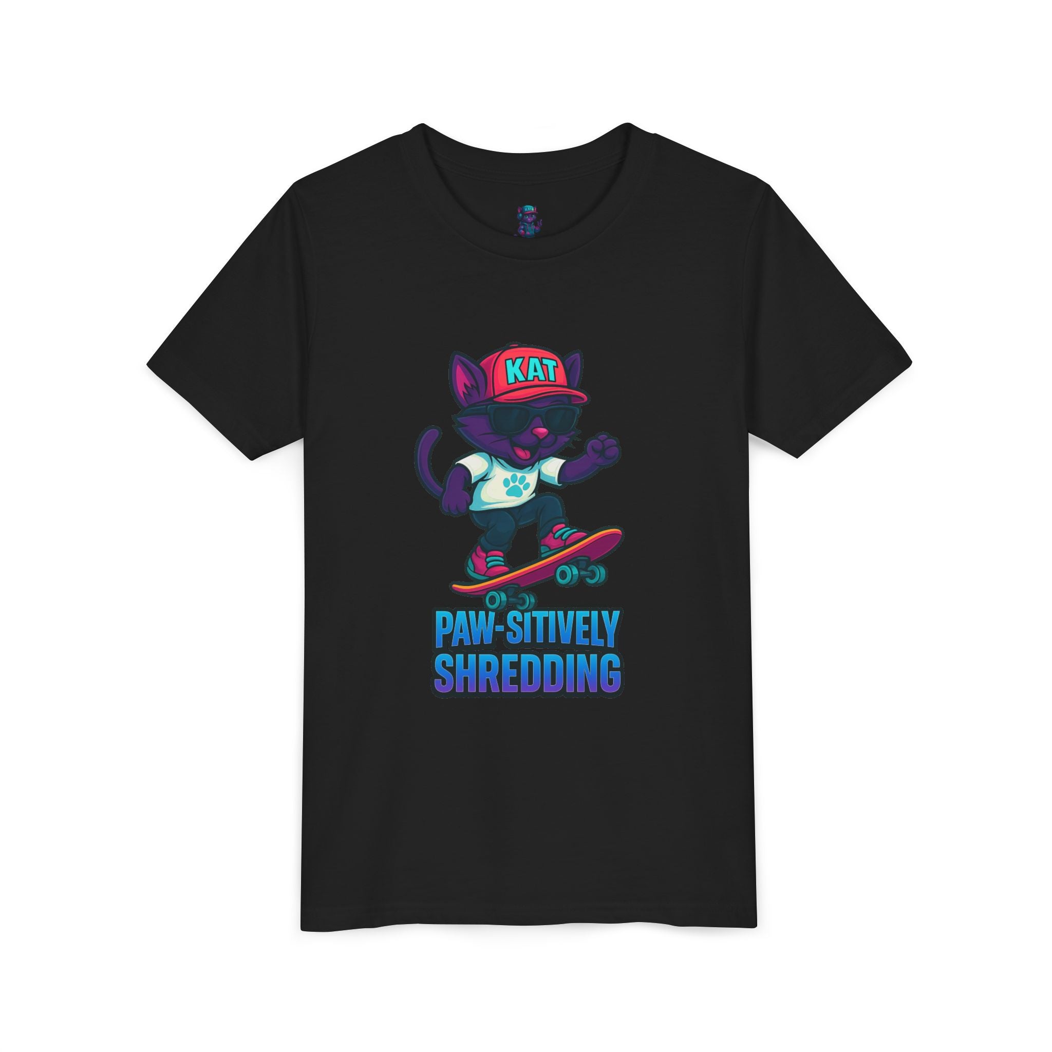 DJ KAT PAWS Paw-sitively Shredding, Skateboarding Youth Tee | Fun Summer Shirt, Motivational Kids T-Shirt, Birthday Gift for Boys & Girls