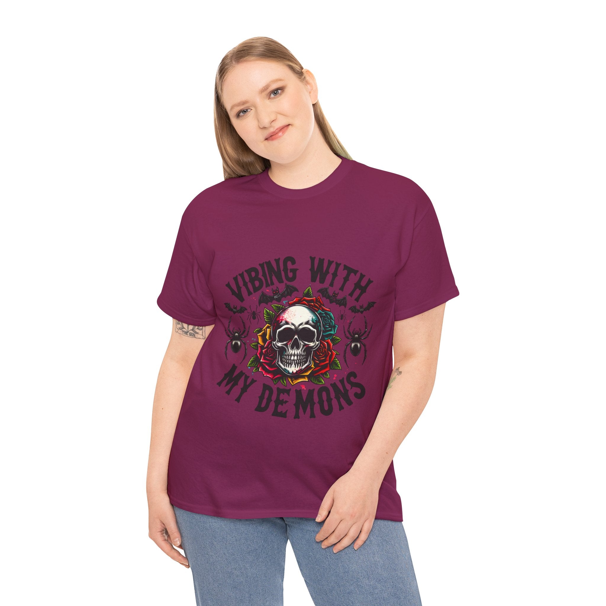 Vibing With My Demons, Halloween Skeleton & Pumpkin Tee, Spooky Season Apparel, Fall Fashion, Gift for Halloween Lovers