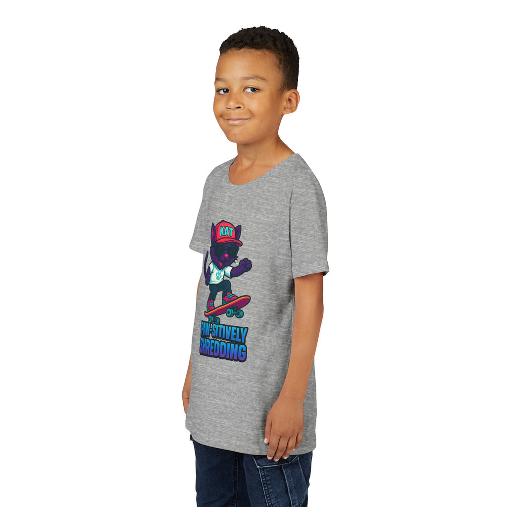 DJ KAT PAWS Paw-sitively Shredding, Skateboarding Youth Tee | Fun Summer Shirt, Motivational Kids T-Shirt, Birthday Gift for Boys & Girls