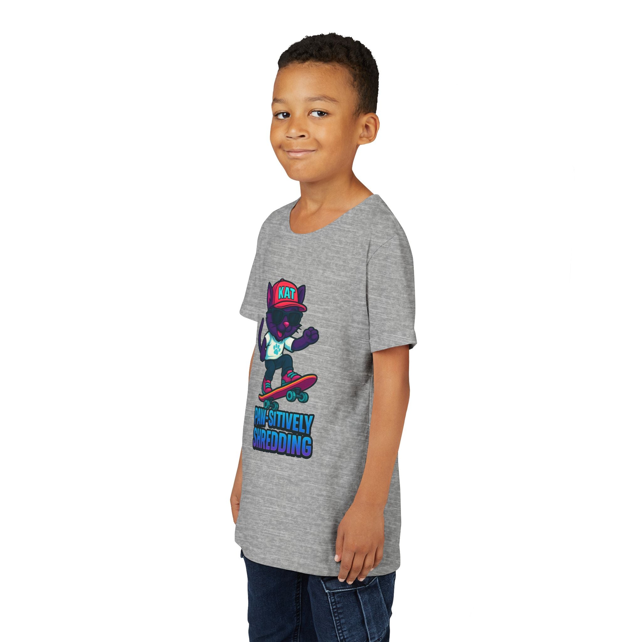 DJ KAT PAWS Paw-sitively Shredding, Skateboarding Youth Tee | Fun Summer Shirt, Motivational Kids T-Shirt, Birthday Gift for Boys & Girls