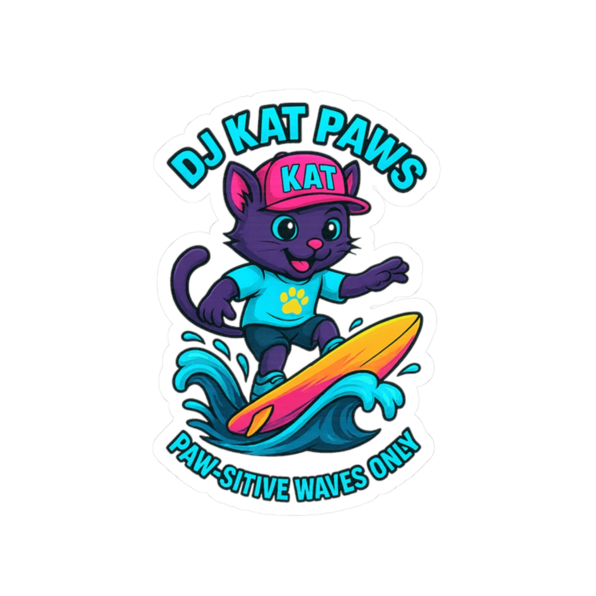 DJ KAT PAWS - Paw-sitive Waves Only - Cat Lover Gifts, Youthful Decor, Fun Party Favors, Animal-Themed Stickers