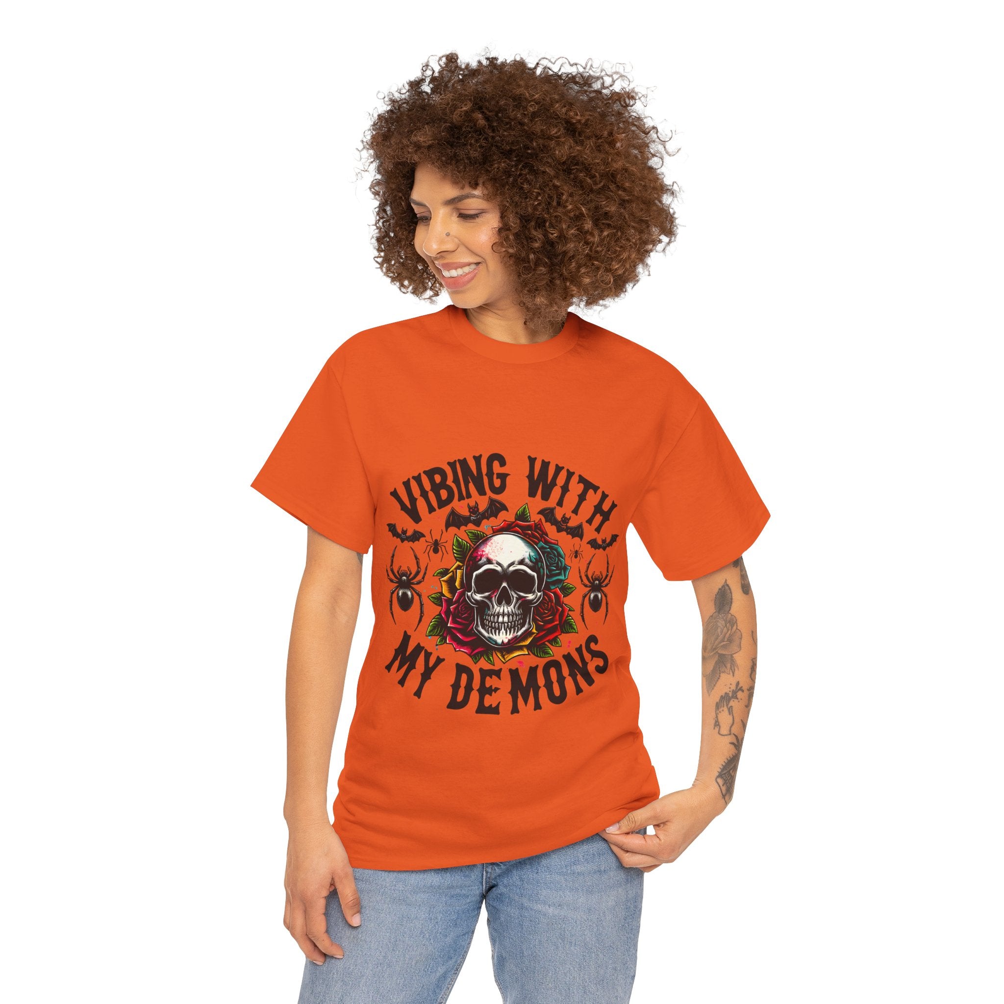 Vibing With My Demons, Halloween Skeleton & Pumpkin Tee, Spooky Season Apparel, Fall Fashion, Gift for Halloween Lovers