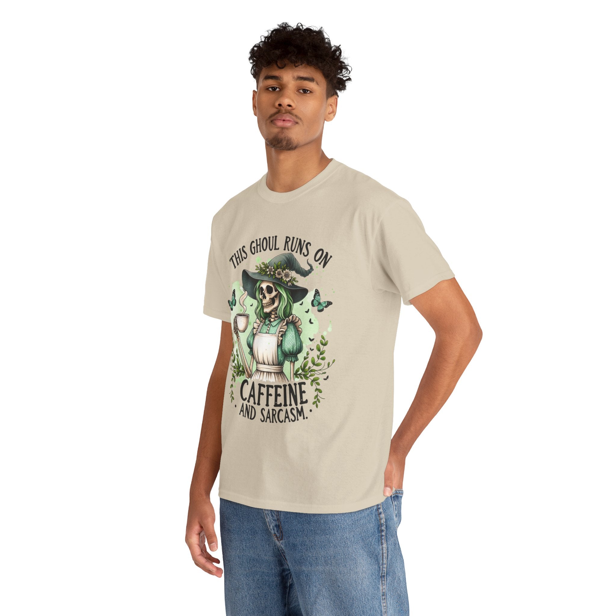 Caffeine and Sarcasm, Funny Halloween Tee, Unisex Tee, Perfect for Gifting, October Festivities, Casual Wear, Skeleton Graphic Tee