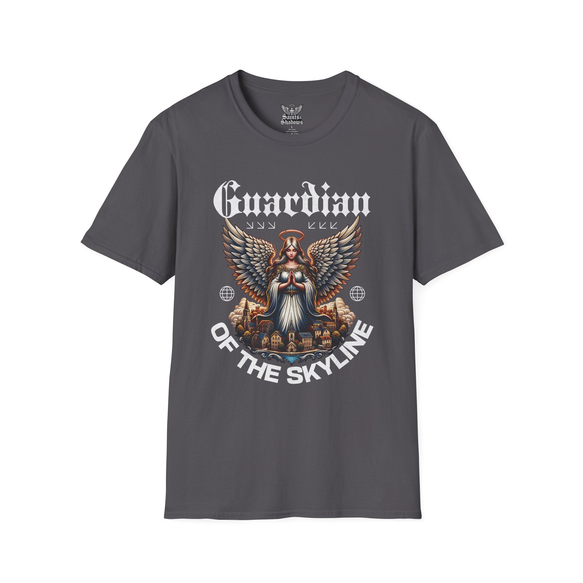 Saints and Shadows - Guardian of the Skyline, Angelic Artwork Unisex Softstyle T-Shirt, Casual Wear