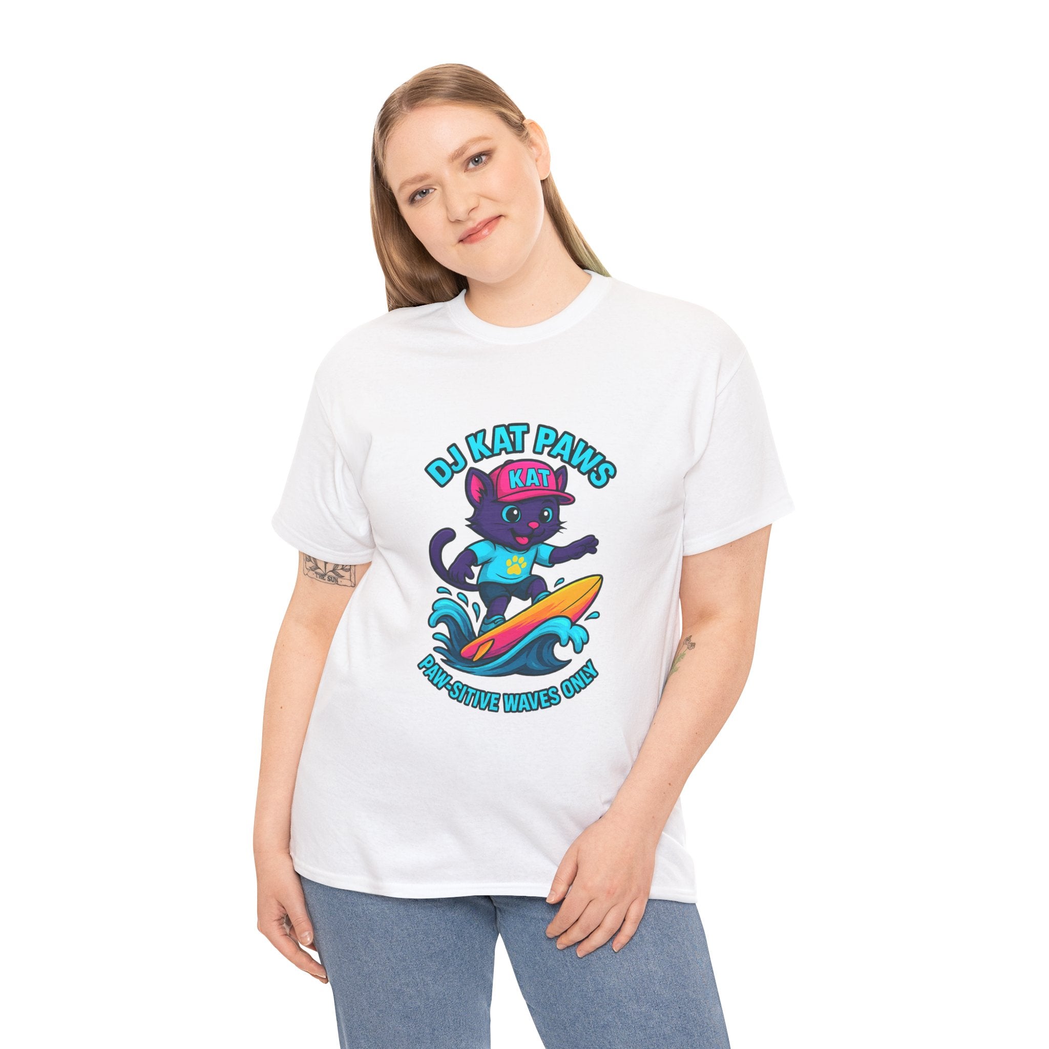 DJ KAT PAWS Surfing Fun T-Shirt | Stay Cool, Have Fun, Play Safe, Be You! | Fun Summer Tee, Gift for Cat Lovers, Beach Vibes