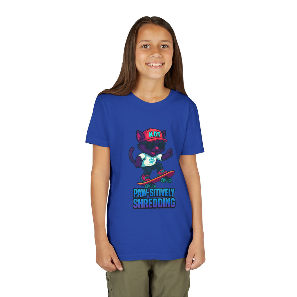 DJ KAT PAWS Paw-sitively Shredding, Skateboarding Youth Tee | Fun Summer Shirt, Motivational Kids T-Shirt, Birthday Gift for Boys & Girls