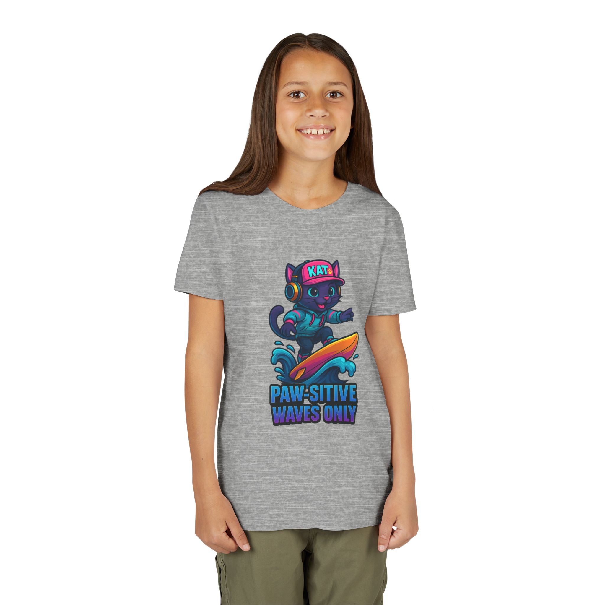 DJ KAT PAWS Paw-Sitive Waves Only, Youth Tee | Kids Surfing T-Shirt, Fun Cat Graphic Top, Summer Apparel, Gifts for Animal Lovers