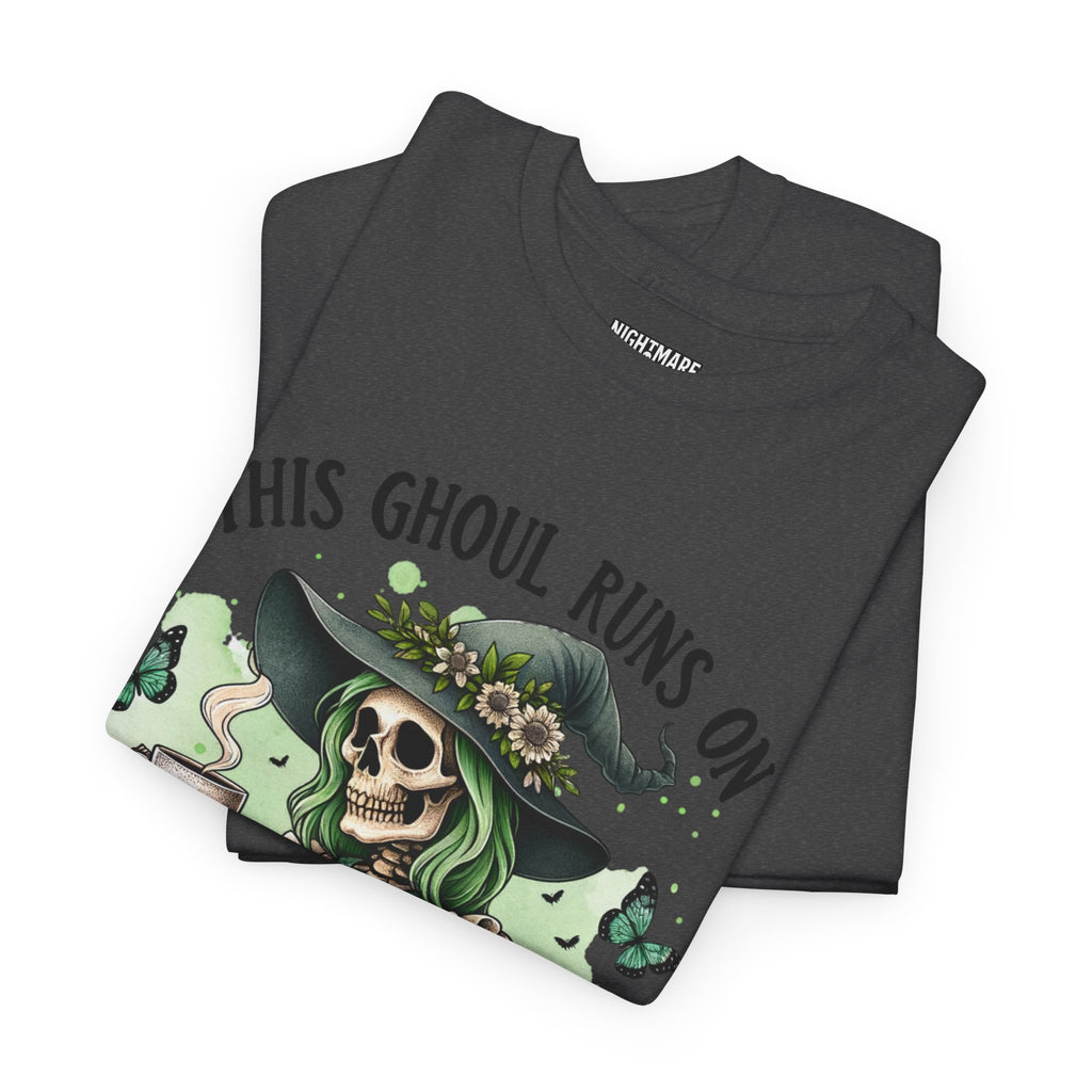 Caffeine and Sarcasm, Funny Halloween Tee, Unisex Tee, Perfect for Gifting, October Festivities, Casual Wear, Skeleton Graphic Tee