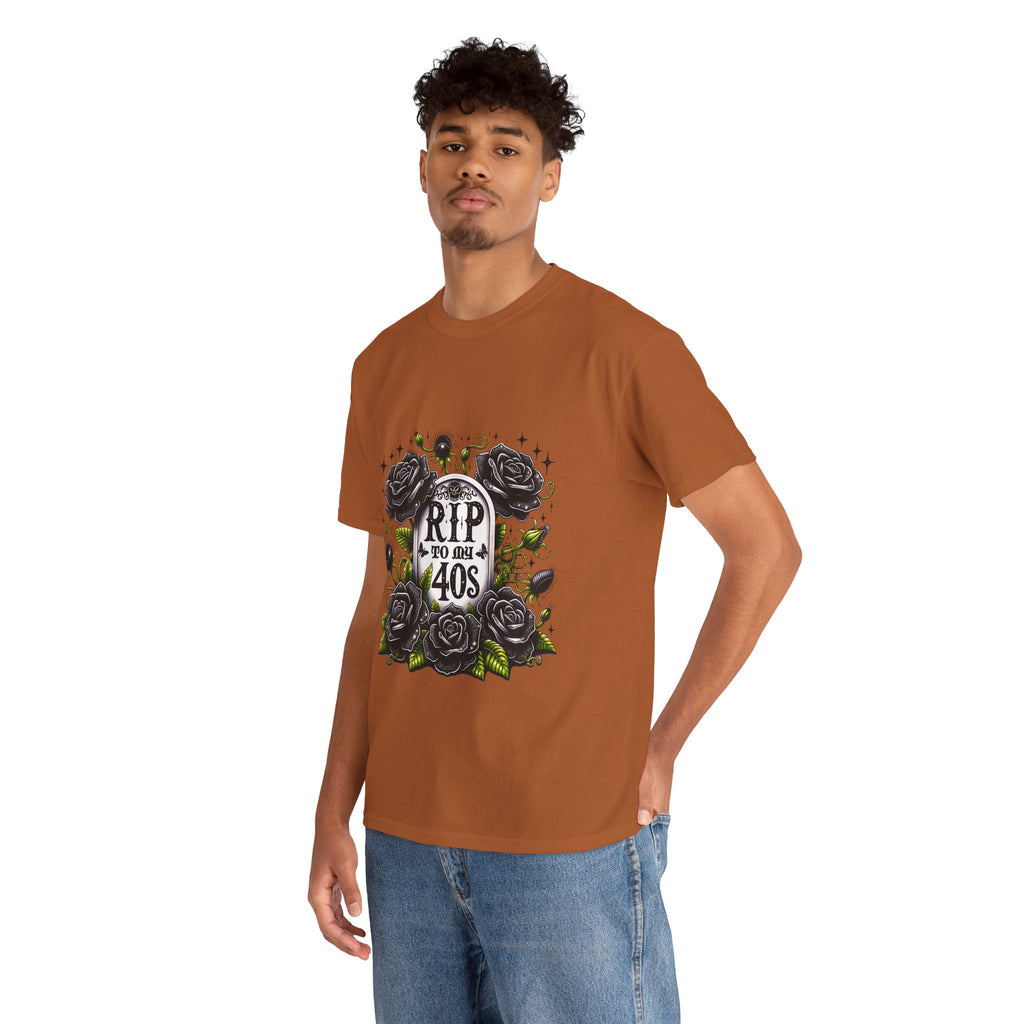 RIP to My 40s Tee, Heavy, Unisex Graphic Shirt, Birthday Gift, Casual Wear, Vintage Style, Floral Design T-shirt