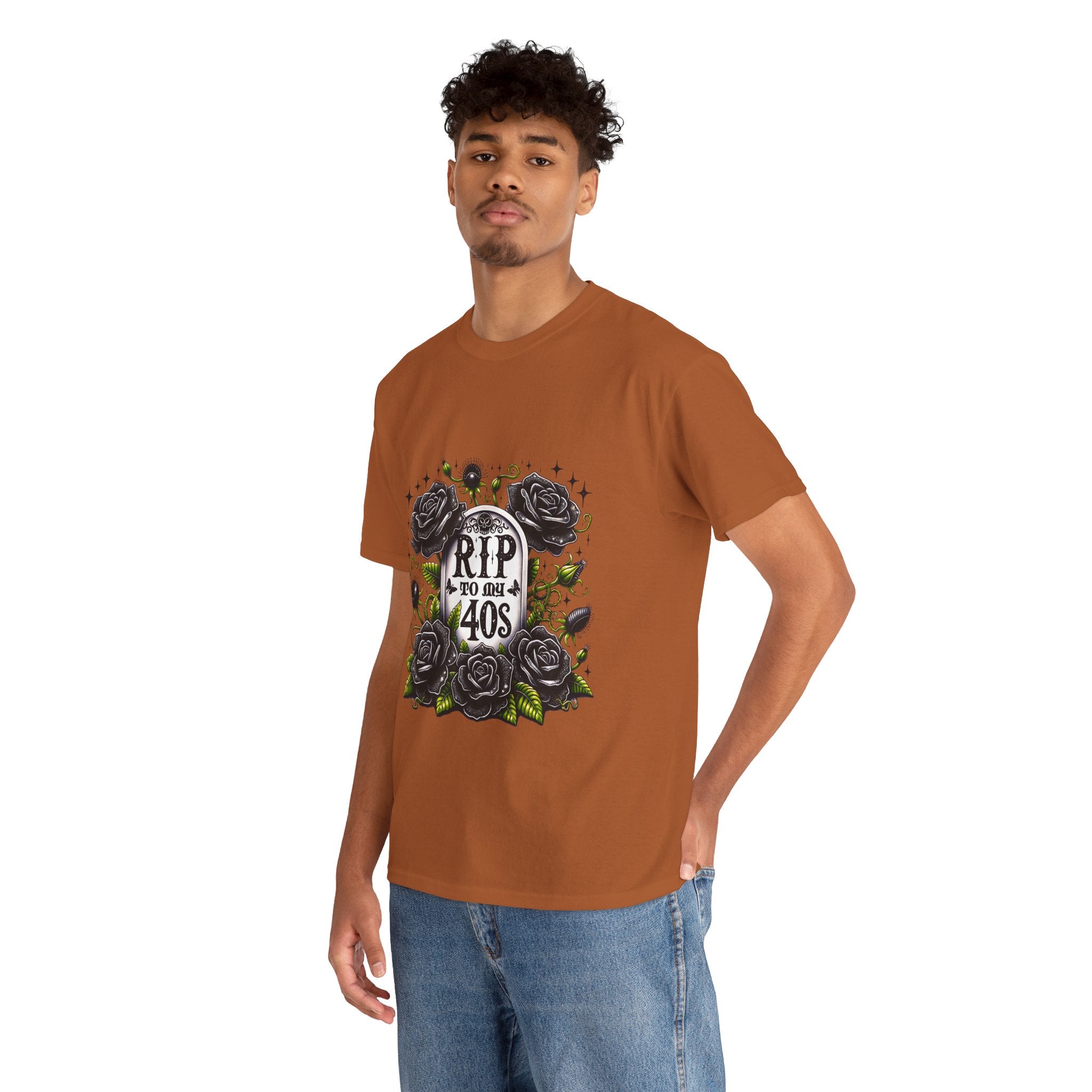 RIP to My 40s Tee, Heavy, Unisex Graphic Shirt, Birthday Gift, Casual Wear, Vintage Style, Floral Design T-shirt