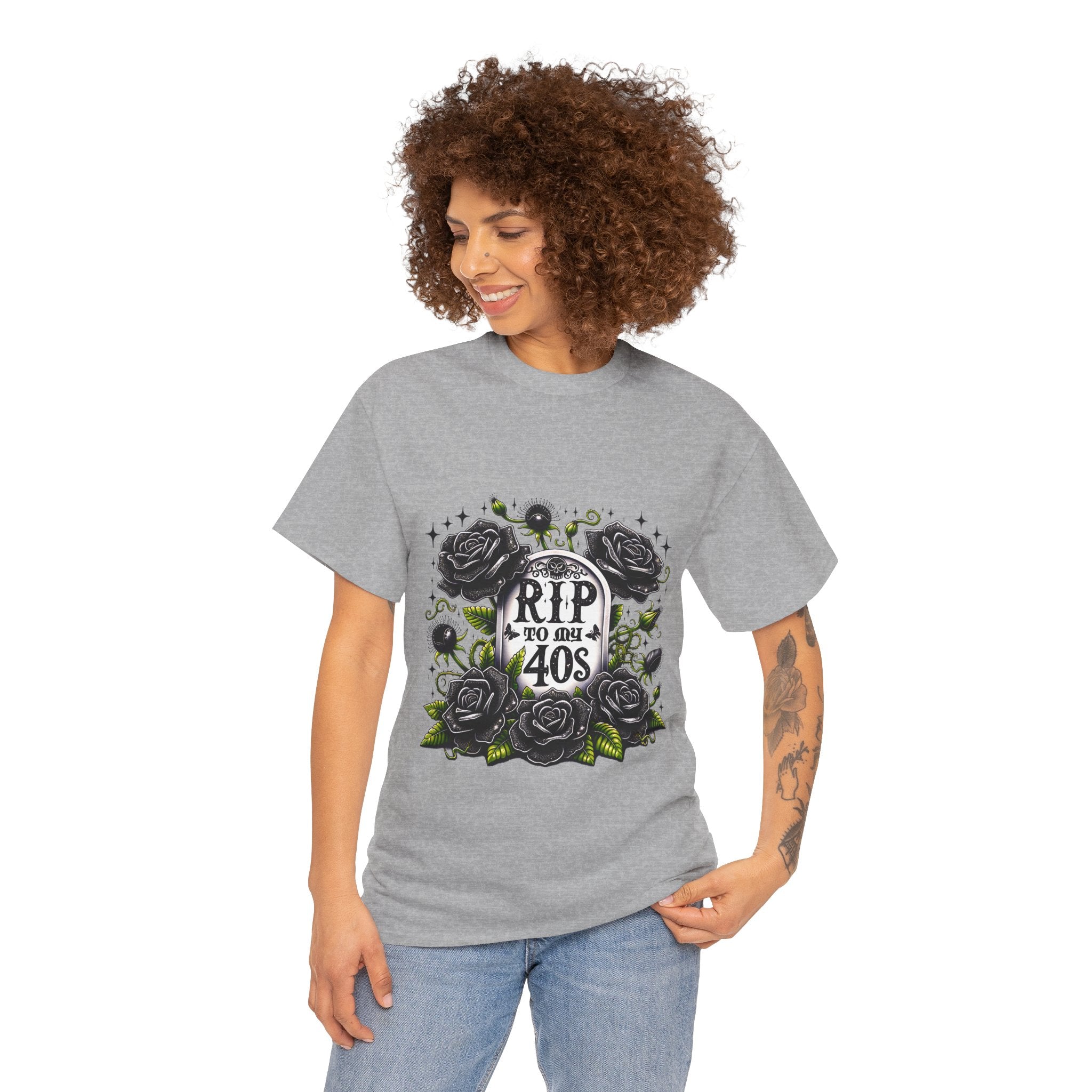RIP to My 40s Tee, Heavy, Unisex Graphic Shirt, Birthday Gift, Casual Wear, Vintage Style, Floral Design T-shirt