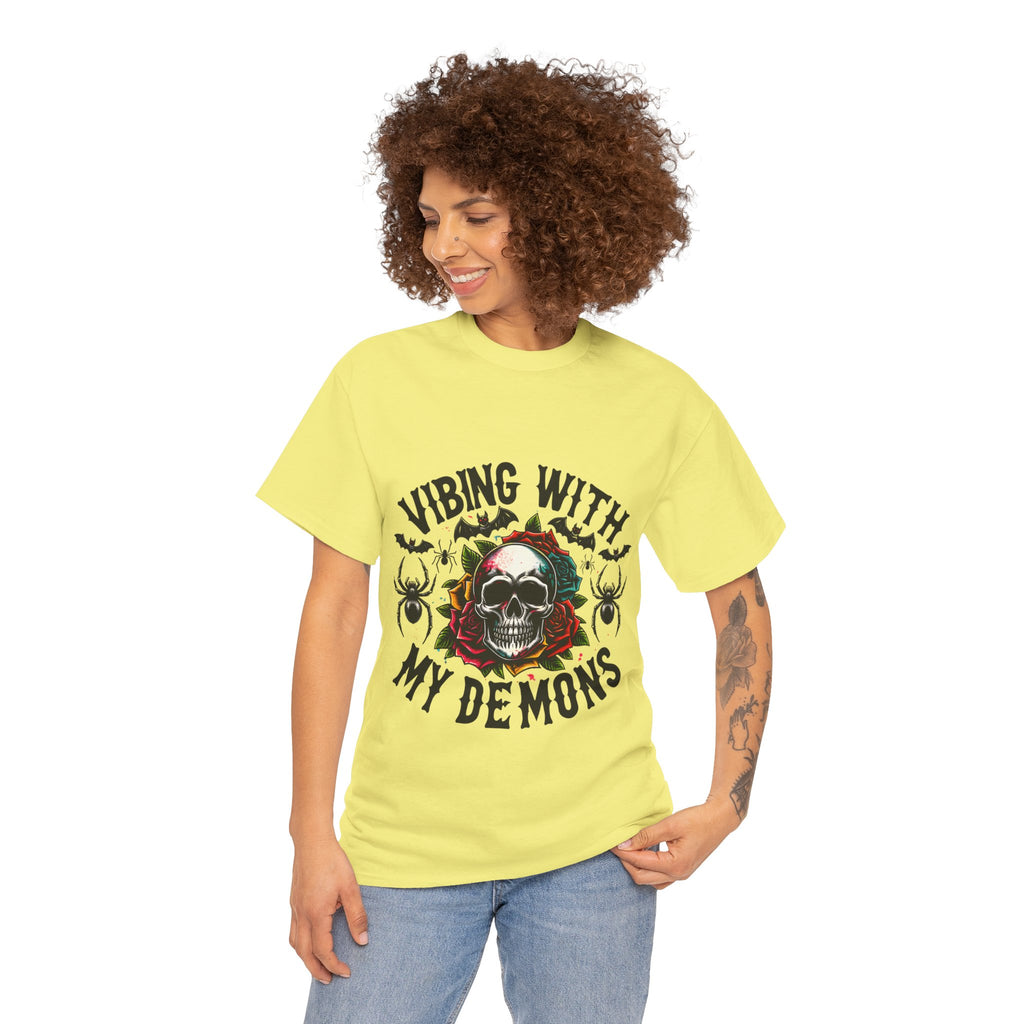 Vibing With My Demons, Halloween Skeleton & Pumpkin Tee, Spooky Season Apparel, Fall Fashion, Gift for Halloween Lovers