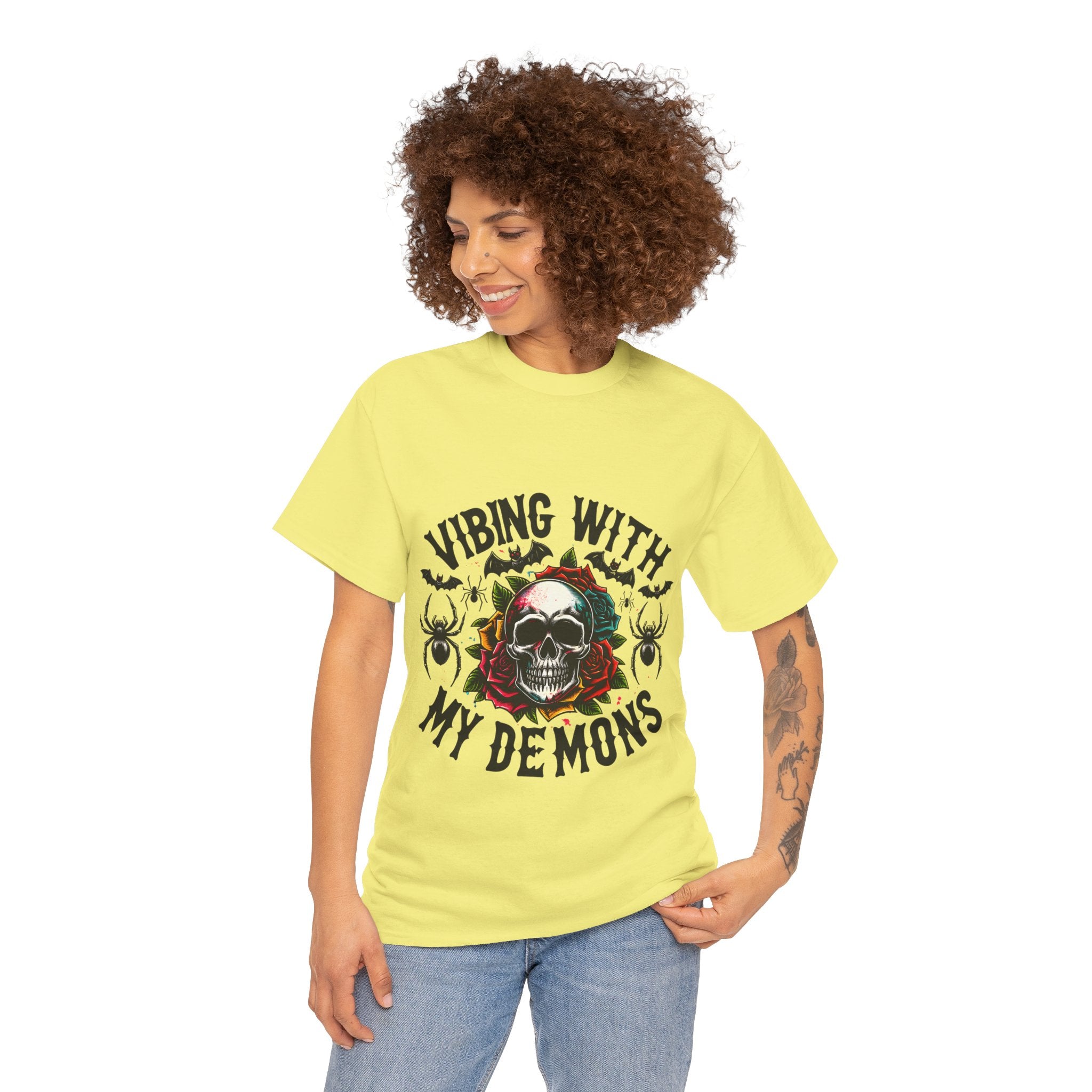 Vibing With My Demons, Halloween Skeleton & Pumpkin Tee, Spooky Season Apparel, Fall Fashion, Gift for Halloween Lovers
