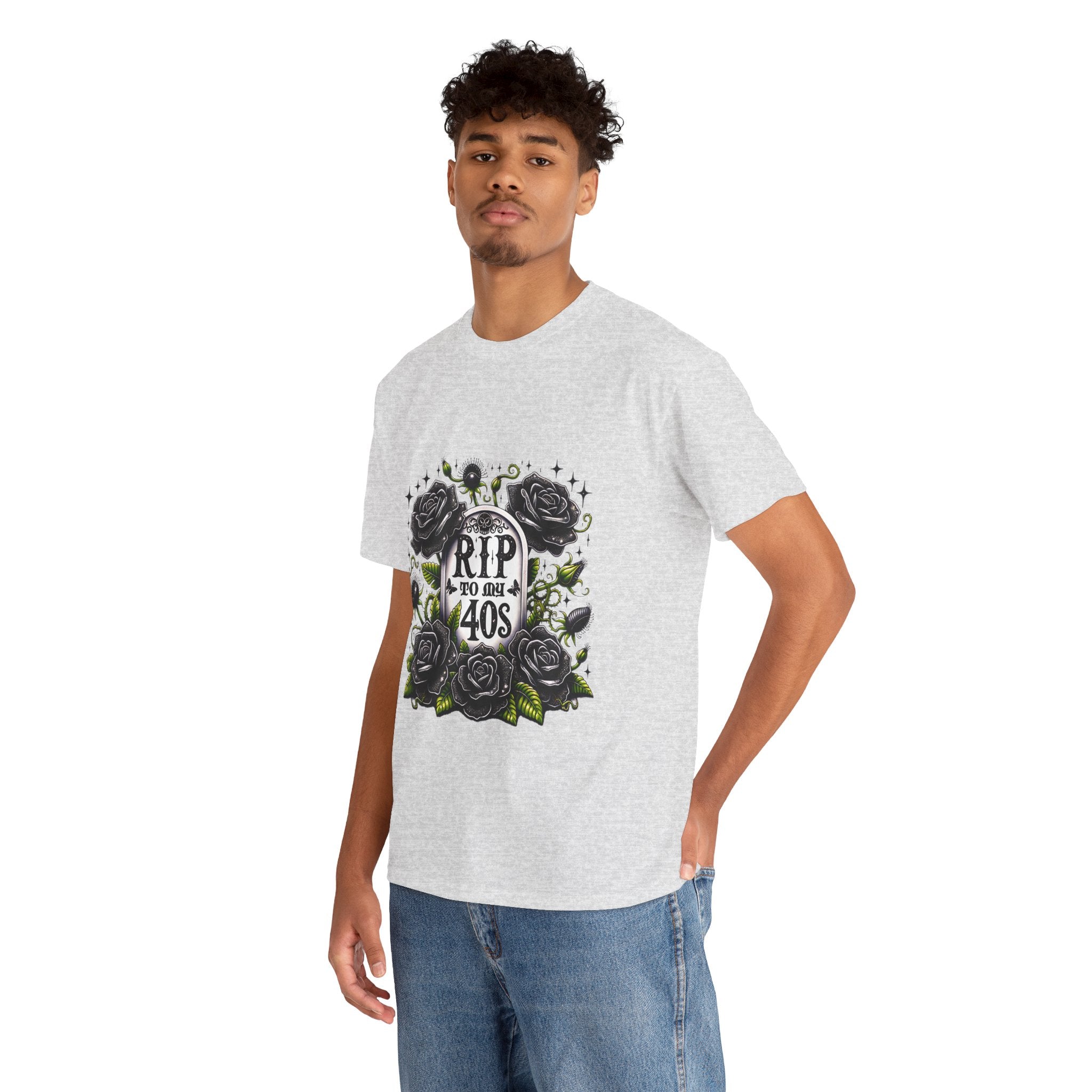 RIP to My 40s Tee, Heavy, Unisex Graphic Shirt, Birthday Gift, Casual Wear, Vintage Style, Floral Design T-shirt
