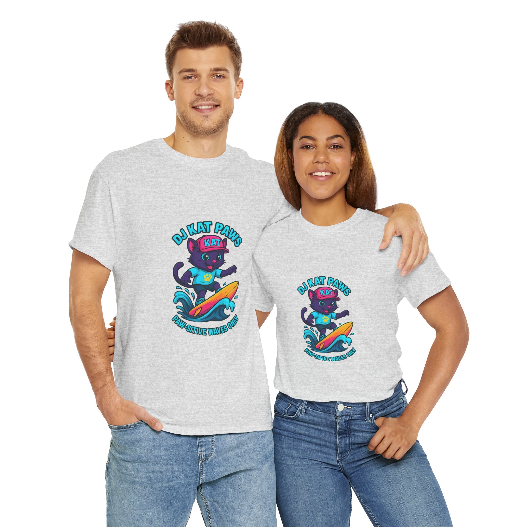 DJ KAT PAWS Surfing Fun T-Shirt | Stay Cool, Have Fun, Play Safe, Be You! | Fun Summer Tee, Gift for Cat Lovers, Beach Vibes