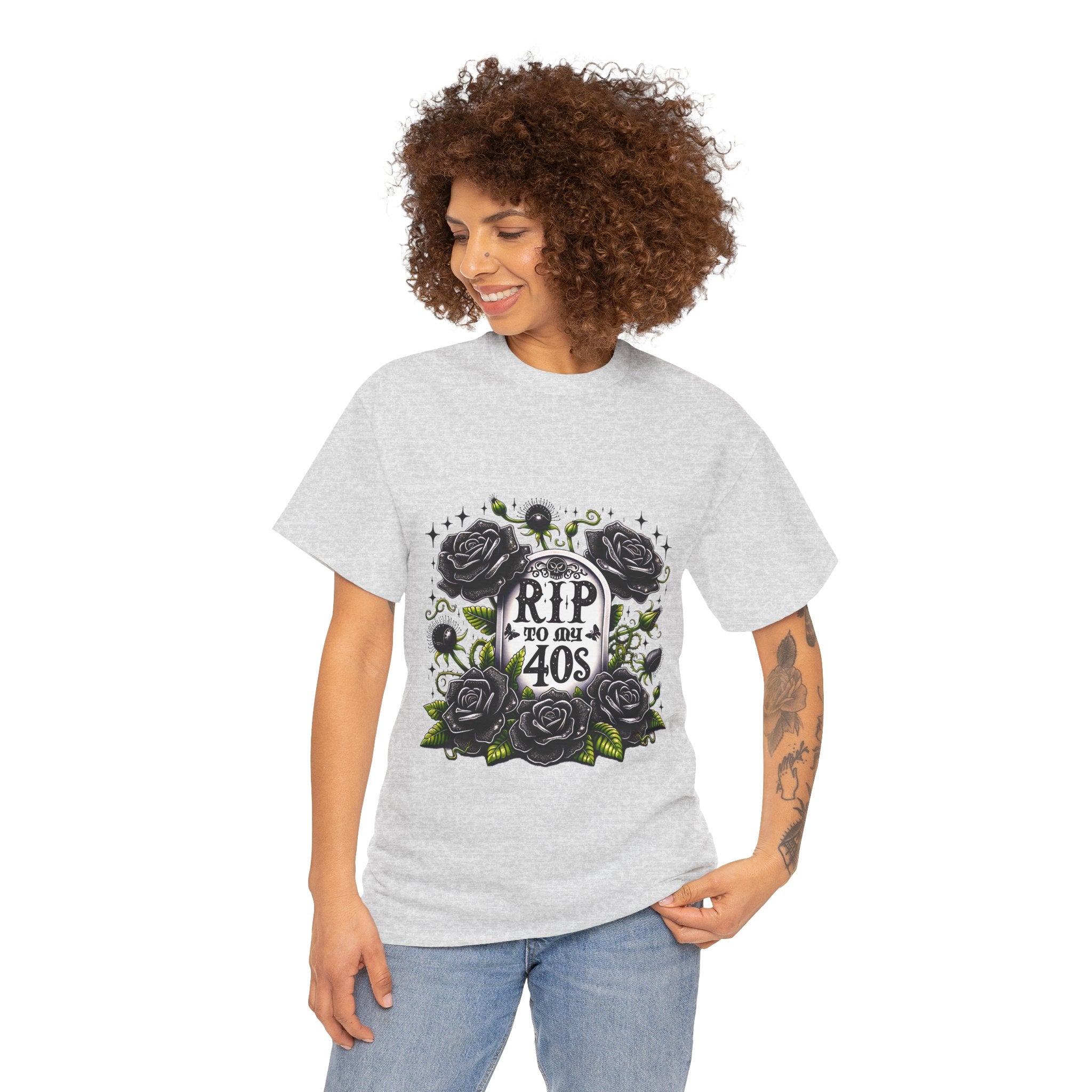 RIP to My 40s Tee, Heavy, Unisex Graphic Shirt, Birthday Gift, Casual Wear, Vintage Style, Floral Design T-shirt
