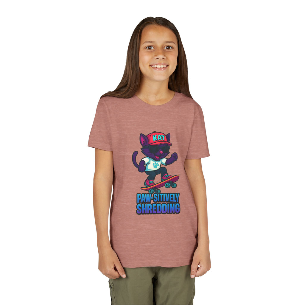 DJ KAT PAWS Paw-sitively Shredding, Skateboarding Youth Tee | Fun Summer Shirt, Motivational Kids T-Shirt, Birthday Gift for Boys & Girls