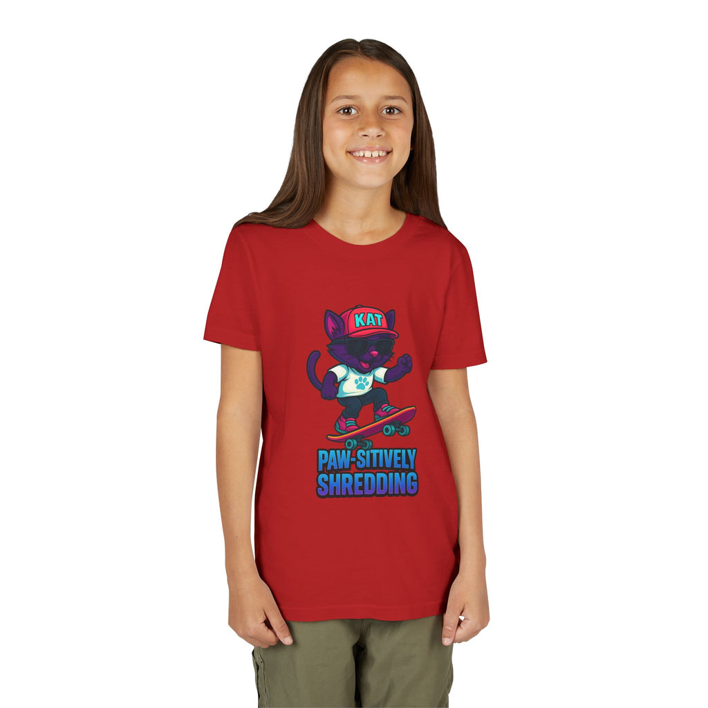 DJ KAT PAWS Paw-sitively Shredding, Skateboarding Youth Tee | Fun Summer Shirt, Motivational Kids T-Shirt, Birthday Gift for Boys & Girls