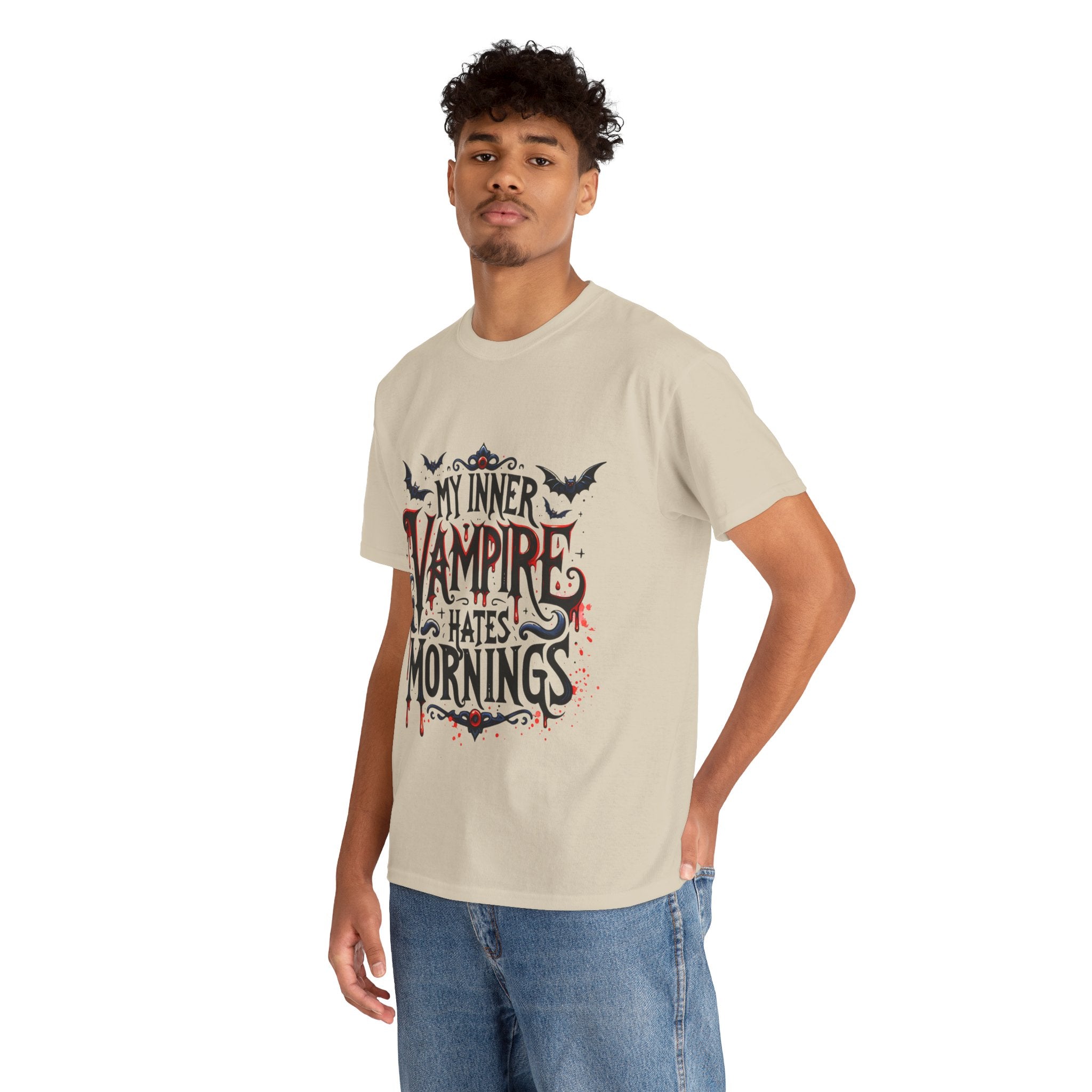 My Inner Vampire Hates Mornings, Tee - Unisex Heavy Cotton Shirt for Halloween, Gifts, Casual Wear, Funny T-Shirt, Vampire Lover Apparel