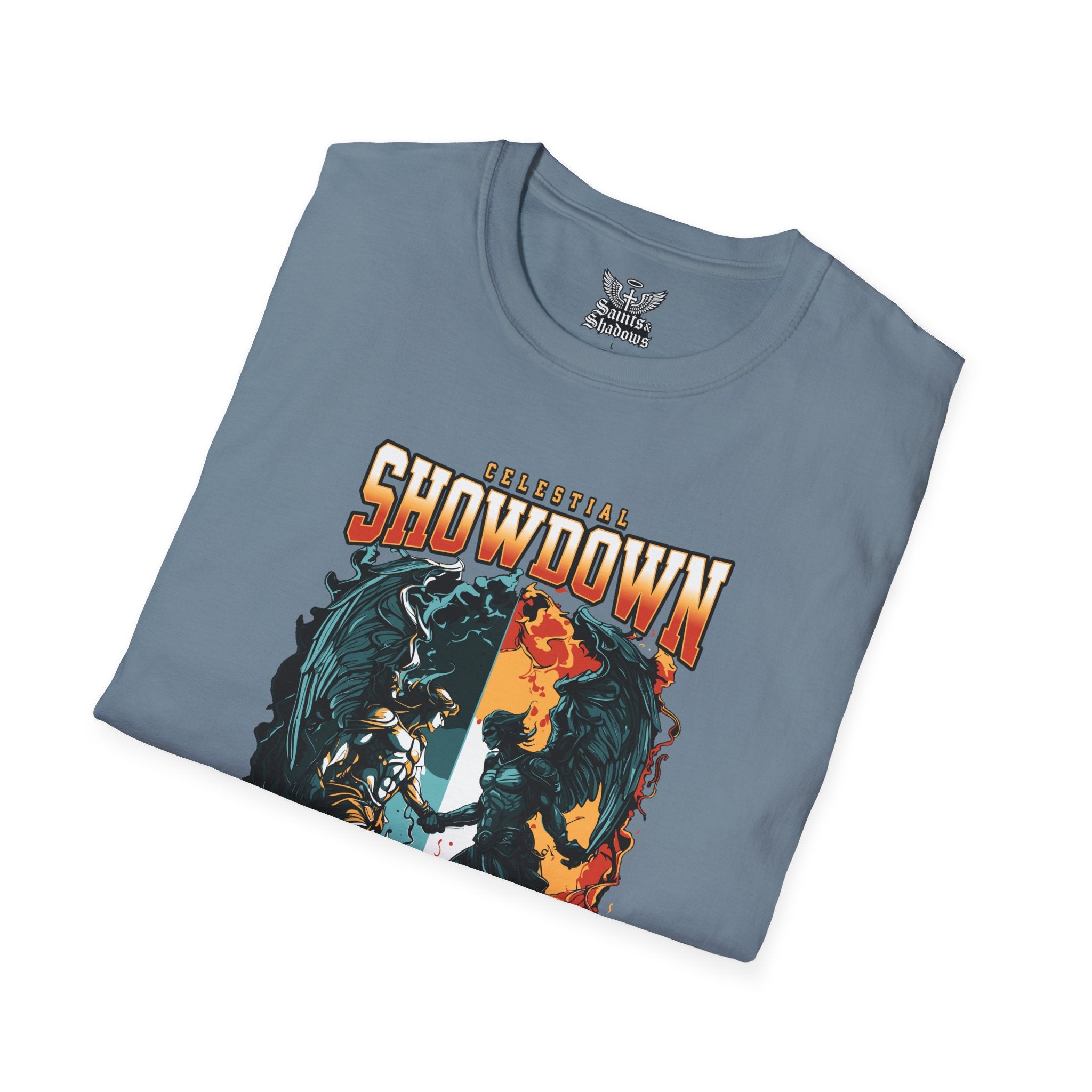 Saints and Shadows - Epic Showdown, Angelic Artwork Unisex Softstyle T-Shirt, Casual Wear
