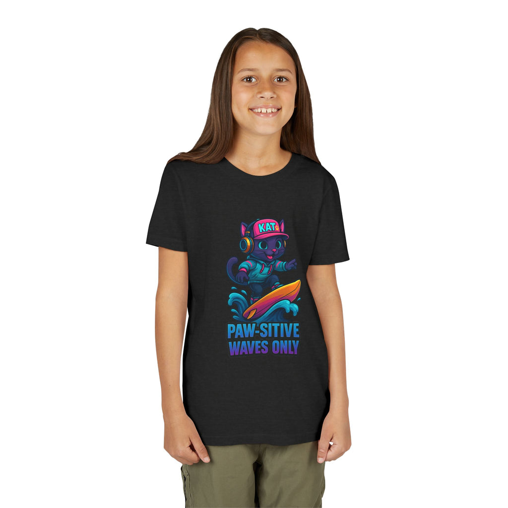 DJ KAT PAWS Paw-Sitive Waves Only, Youth Tee | Kids Surfing T-Shirt, Fun Cat Graphic Top, Summer Apparel, Gifts for Animal Lovers