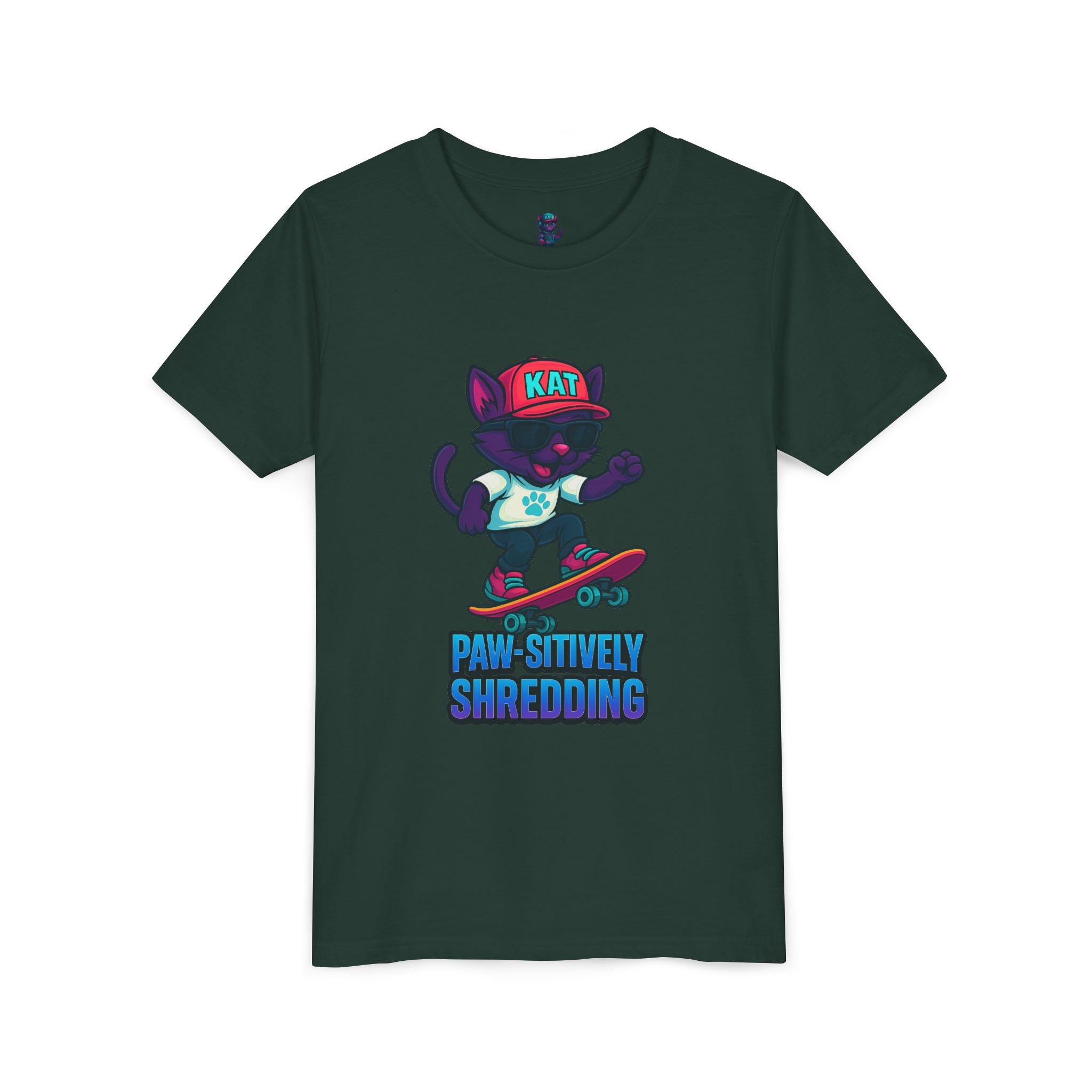 DJ KAT PAWS Paw-sitively Shredding, Skateboarding Youth Tee | Fun Summer Shirt, Motivational Kids T-Shirt, Birthday Gift for Boys & Girls
