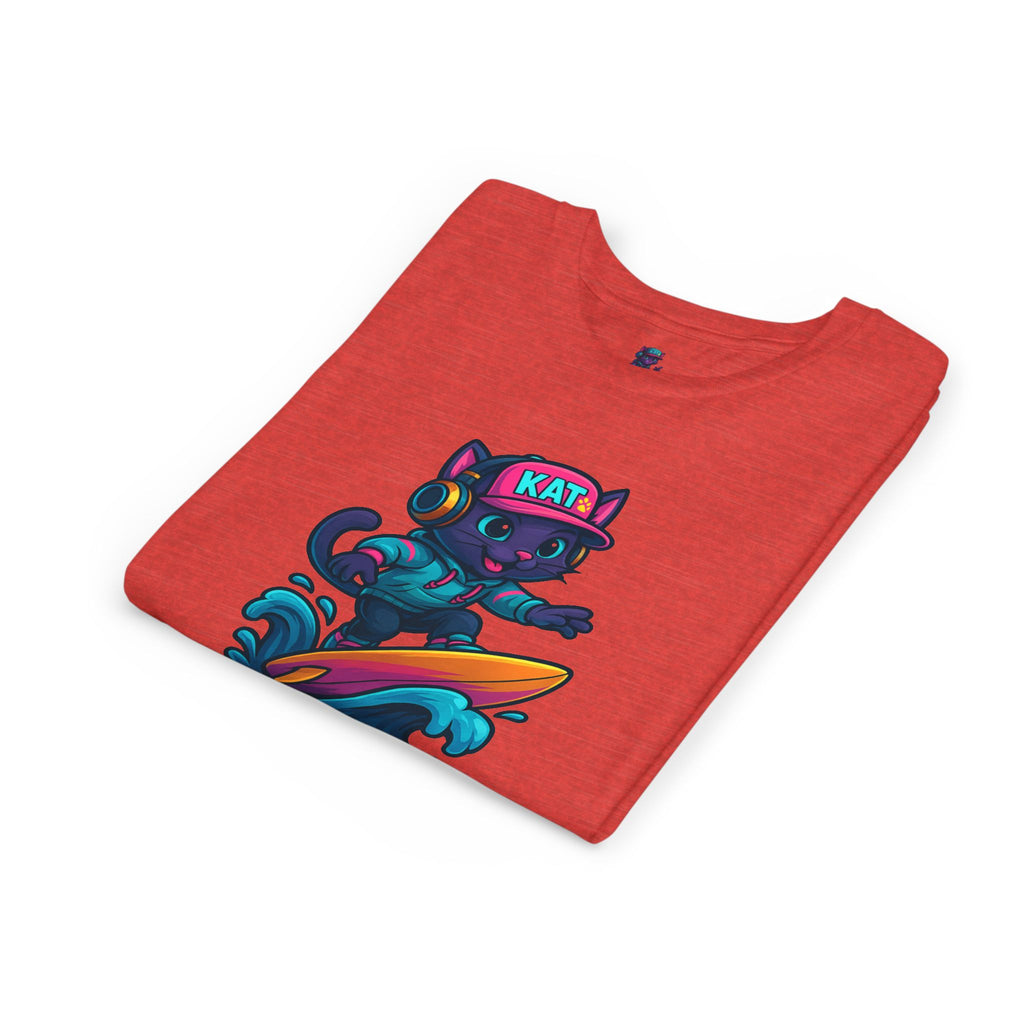 DJ KAT PAWS Paw-Sitive Waves Only, Youth Tee | Kids Surfing T-Shirt, Fun Cat Graphic Top, Summer Apparel, Gifts for Animal Lovers