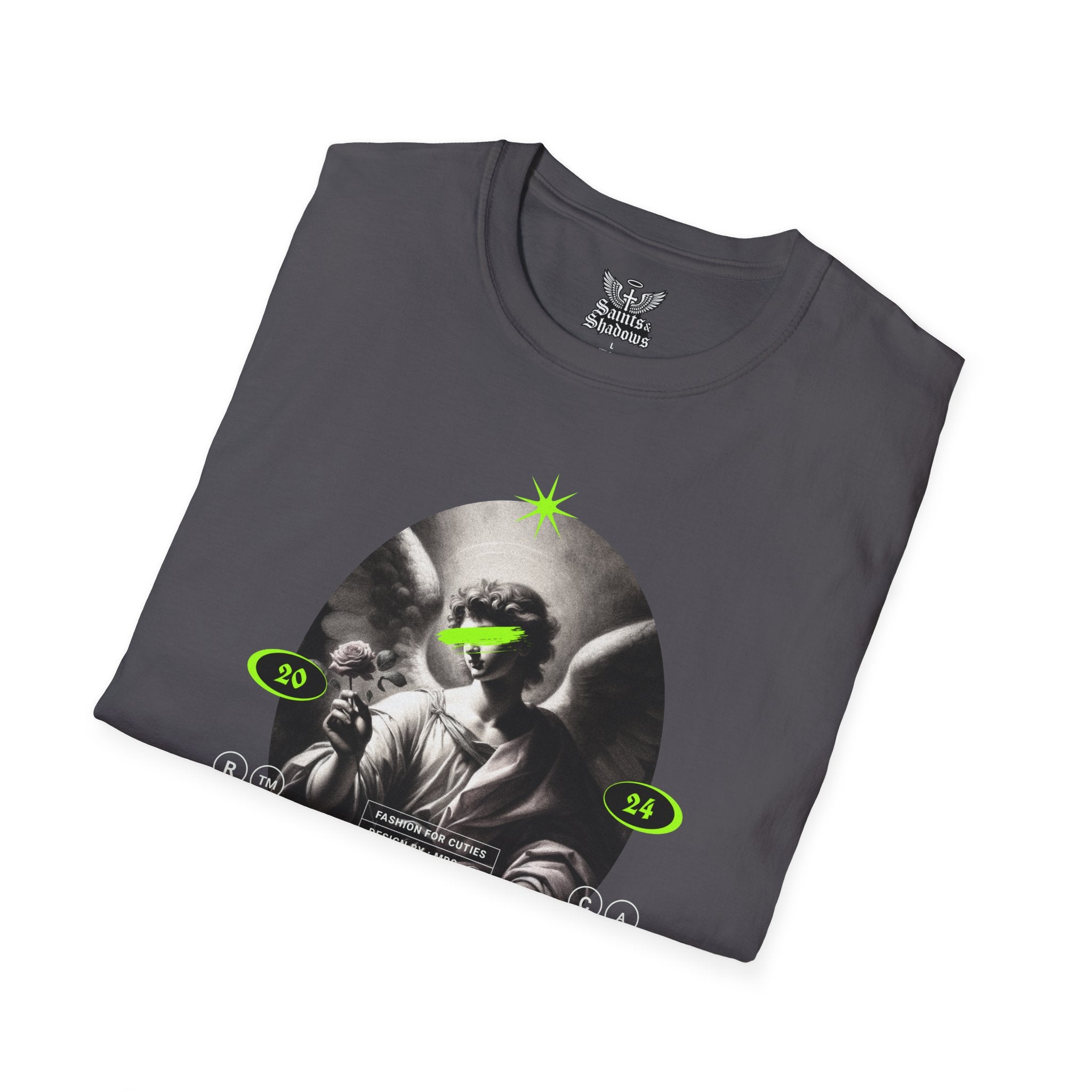 Saints and Shadows - Panoramic Portrayal, Angelic Artwork Unisex Softstyle T-Shirt, Casual Wear