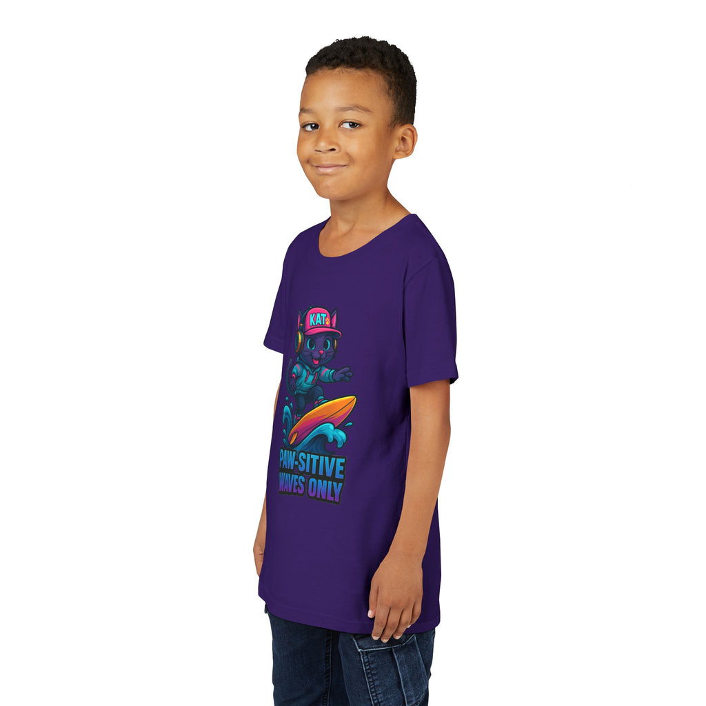 DJ KAT PAWS Paw-Sitive Waves Only, Youth Tee | Kids Surfing T-Shirt, Fun Cat Graphic Top, Summer Apparel, Gifts for Animal Lovers