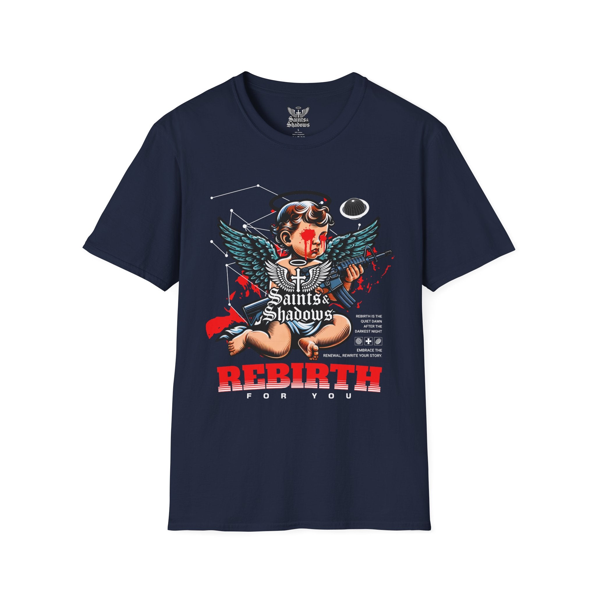 Saints and Shadows - Rebirth, Angelic Artwork Unisex Softstyle T-Shirt, Casual Wear