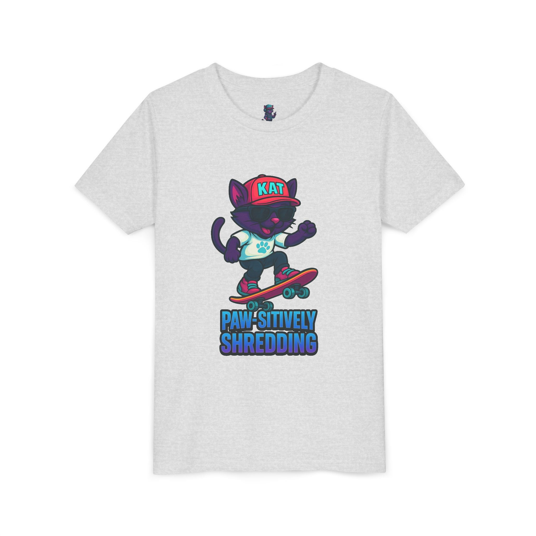 DJ KAT PAWS Paw-sitively Shredding, Skateboarding Youth Tee | Fun Summer Shirt, Motivational Kids T-Shirt, Birthday Gift for Boys & Girls