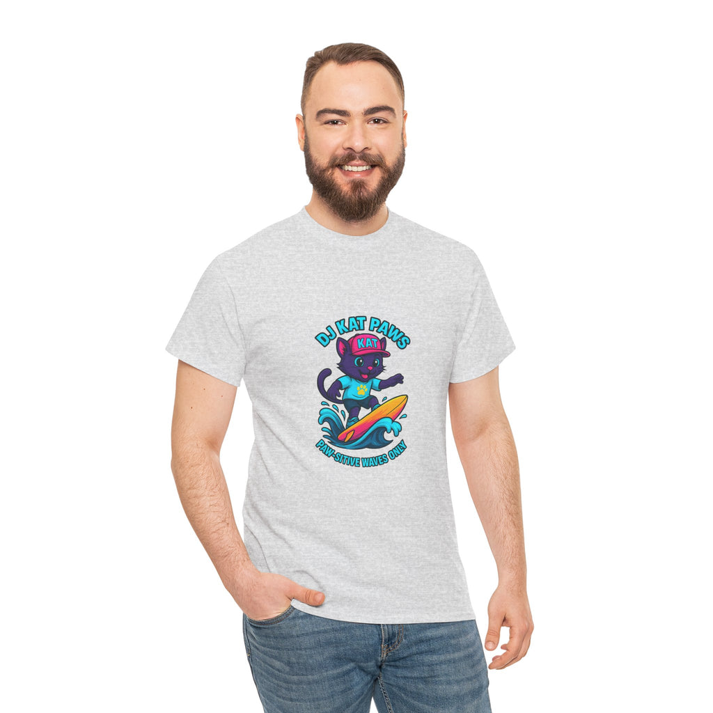 DJ KAT PAWS Surfing Fun T-Shirt | Stay Cool, Have Fun, Play Safe, Be You! | Fun Summer Tee, Gift for Cat Lovers, Beach Vibes