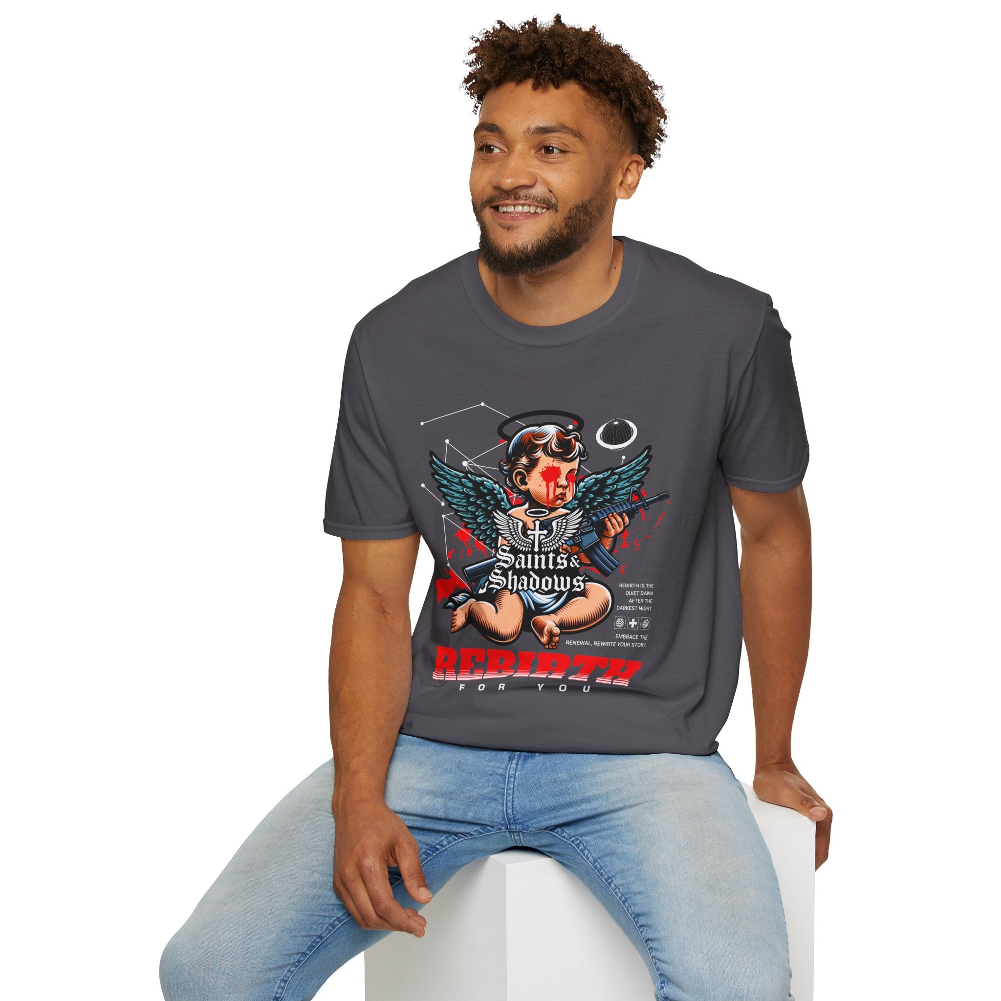 Saints and Shadows - Rebirth, Angelic Artwork Unisex Softstyle T-Shirt, Casual Wear