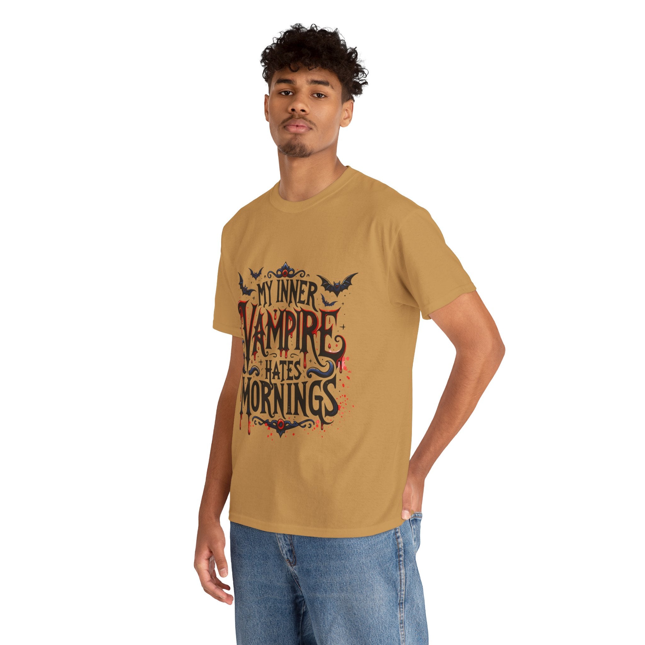 My Inner Vampire Hates Mornings, Tee - Unisex Heavy Cotton Shirt for Halloween, Gifts, Casual Wear, Funny T-Shirt, Vampire Lover Apparel