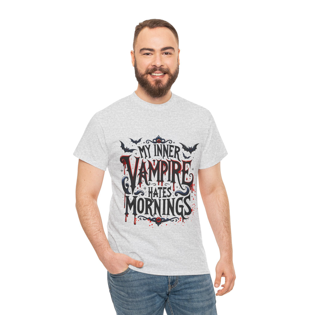 My Inner Vampire Hates Mornings, Tee - Unisex Heavy Cotton Shirt for Halloween, Gifts, Casual Wear, Funny T-Shirt, Vampire Lover Apparel