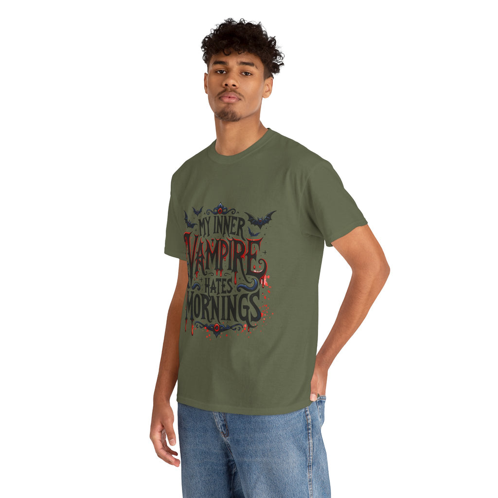My Inner Vampire Hates Mornings, Tee - Unisex Heavy Cotton Shirt for Halloween, Gifts, Casual Wear, Funny T-Shirt, Vampire Lover Apparel