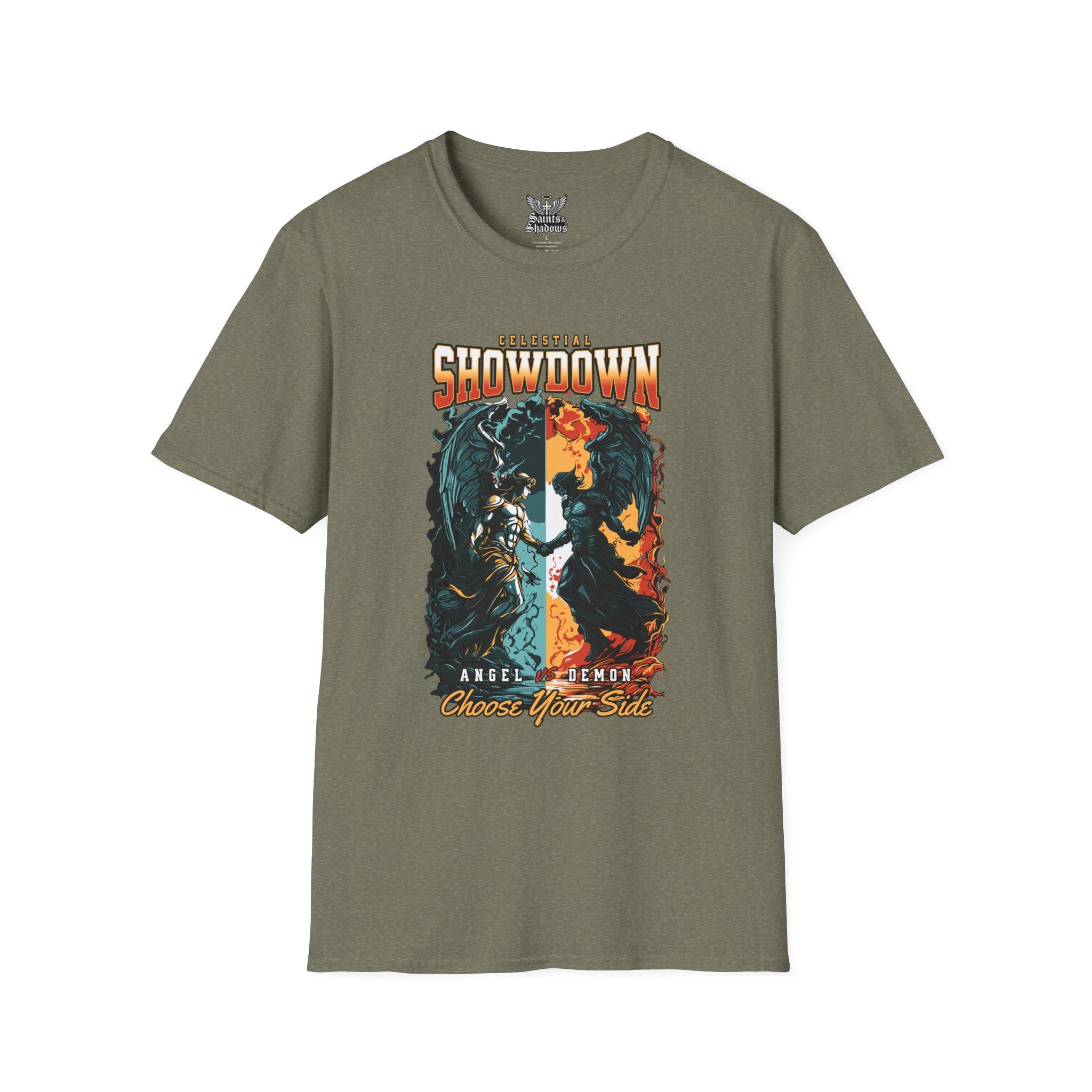 Saints and Shadows - Epic Showdown, Angelic Artwork Unisex Softstyle T-Shirt, Casual Wear