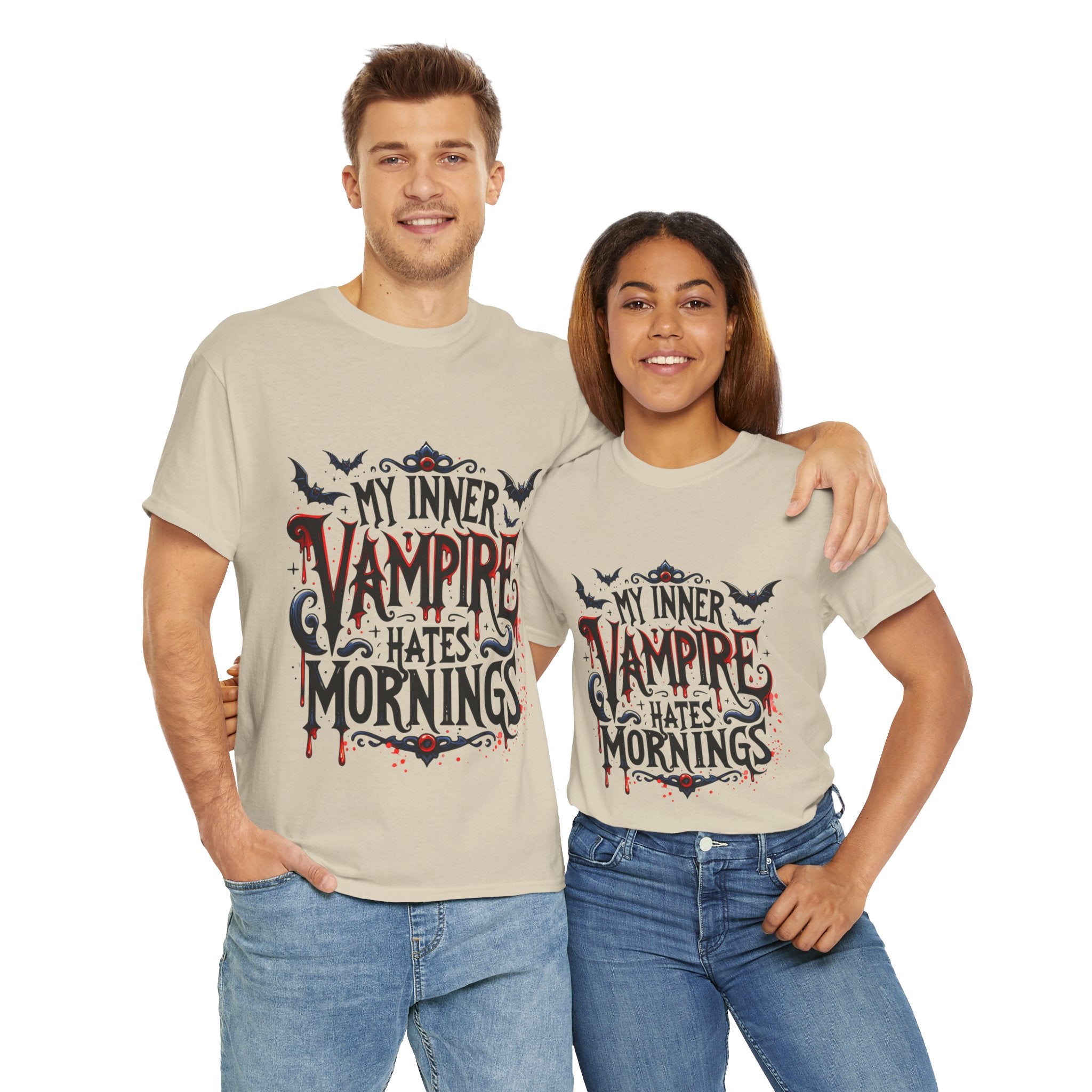 My Inner Vampire Hates Mornings, Tee - Unisex Heavy Cotton Shirt for Halloween, Gifts, Casual Wear, Funny T-Shirt, Vampire Lover Apparel