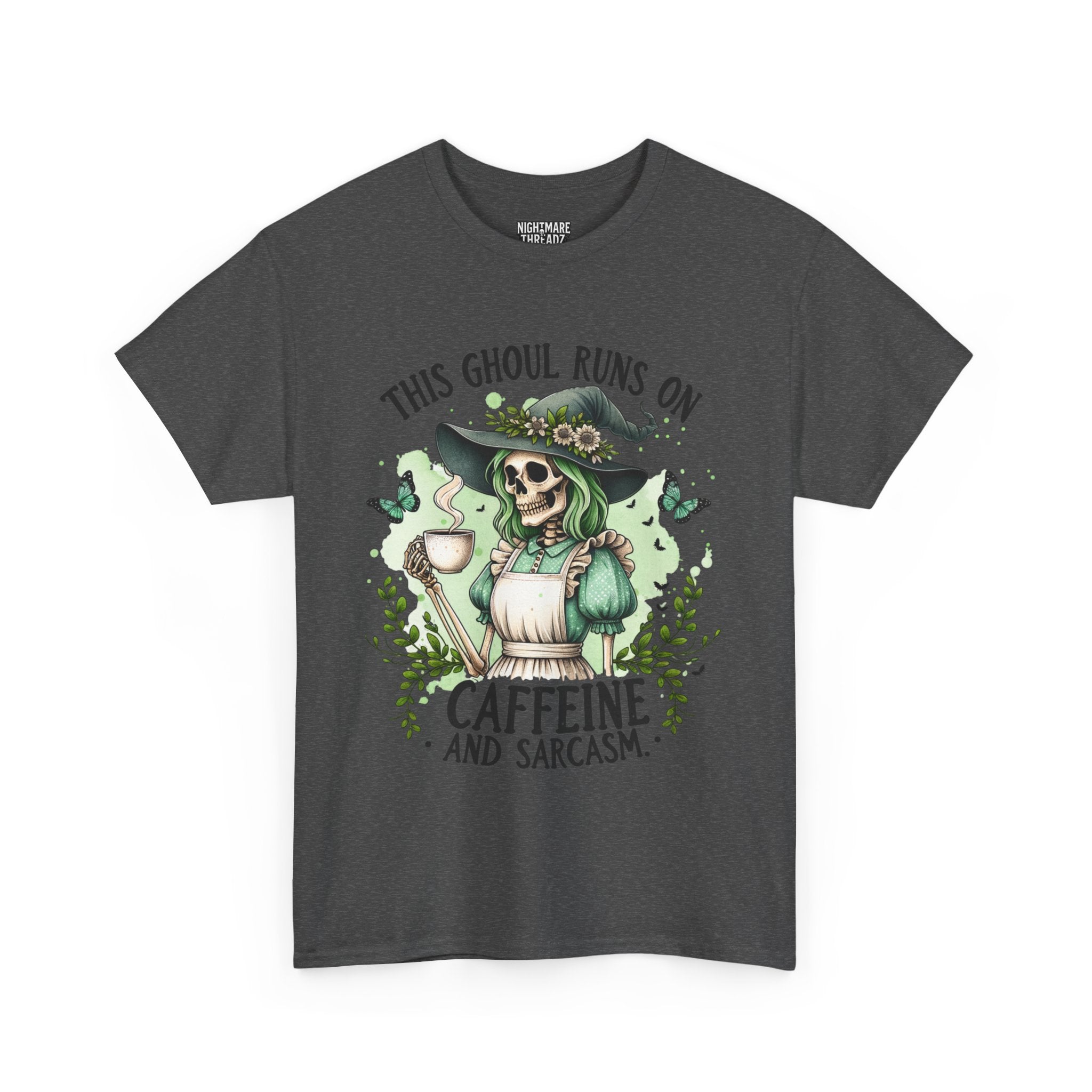 Caffeine and Sarcasm, Funny Halloween Tee, Unisex Tee, Perfect for Gifting, October Festivities, Casual Wear, Skeleton Graphic Tee