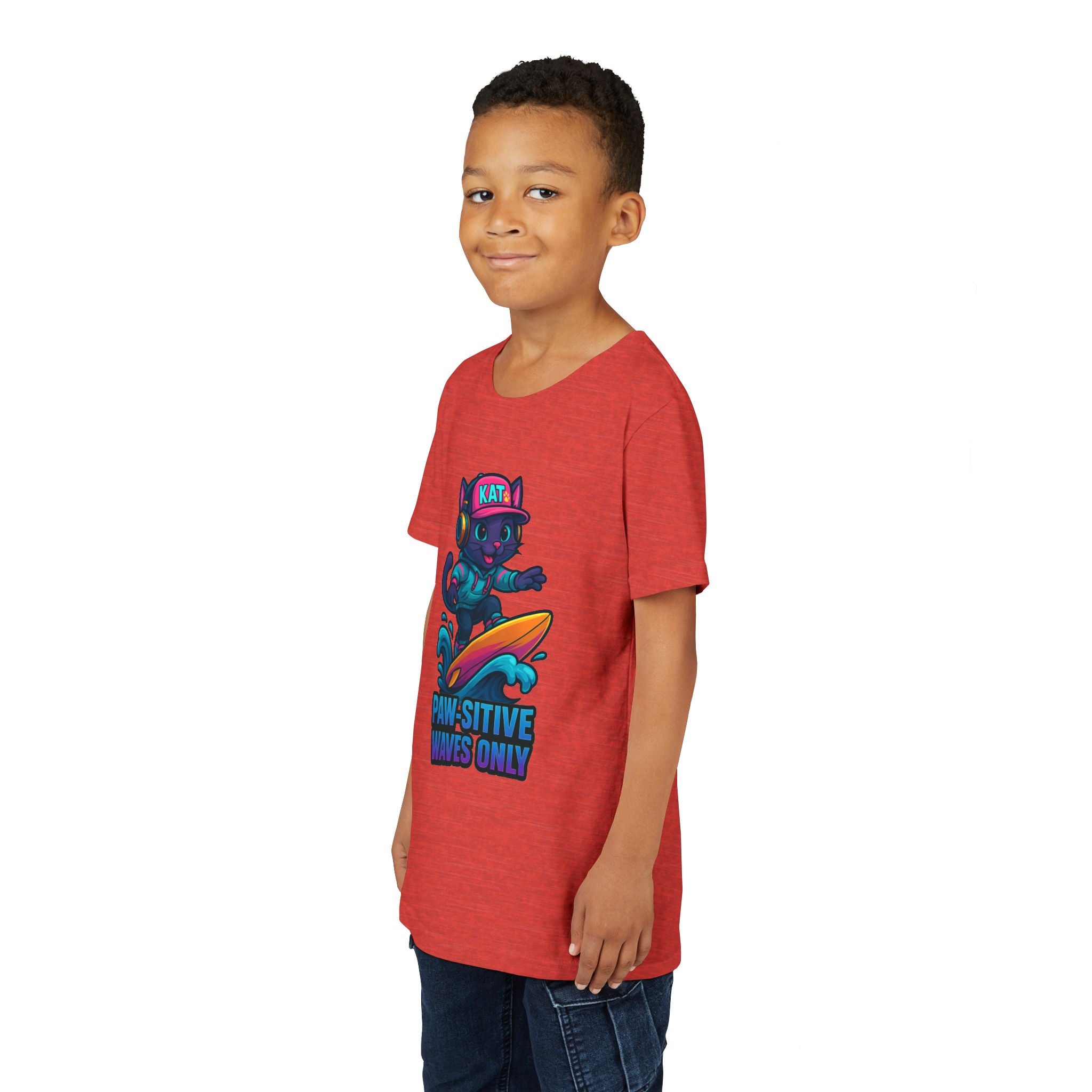 DJ KAT PAWS Paw-Sitive Waves Only, Youth Tee | Kids Surfing T-Shirt, Fun Cat Graphic Top, Summer Apparel, Gifts for Animal Lovers