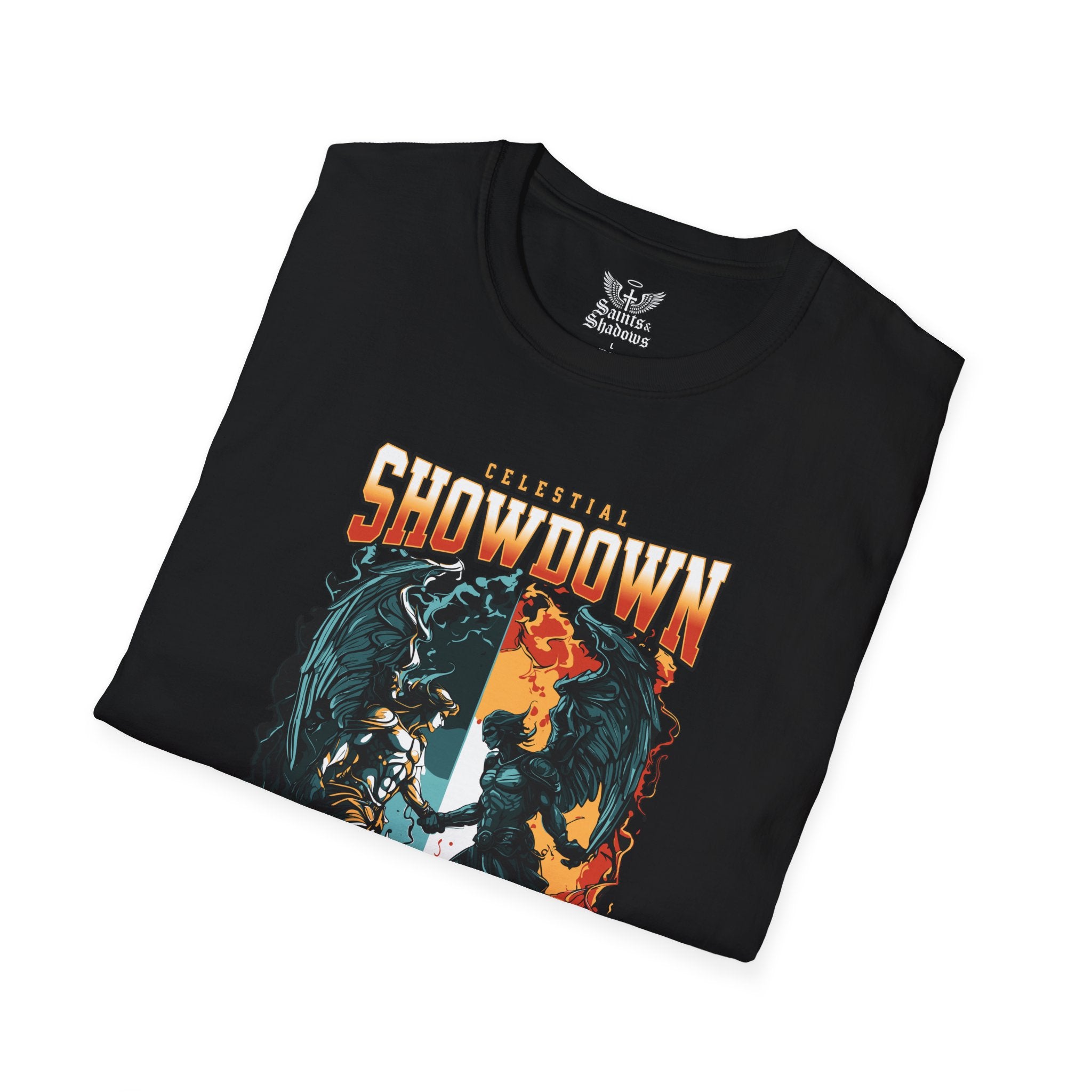 Saints and Shadows - Epic Showdown, Angelic Artwork Unisex Softstyle T-Shirt, Casual Wear