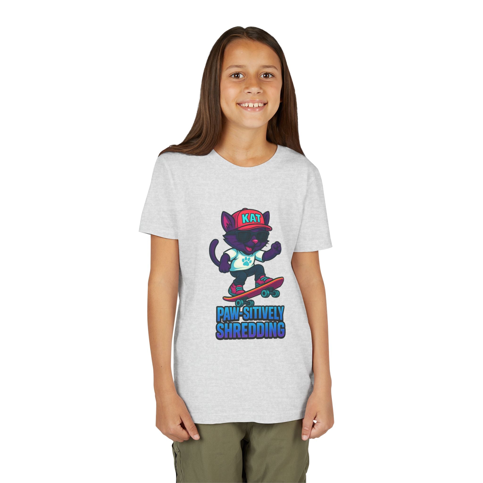 DJ KAT PAWS Paw-sitively Shredding, Skateboarding Youth Tee | Fun Summer Shirt, Motivational Kids T-Shirt, Birthday Gift for Boys & Girls