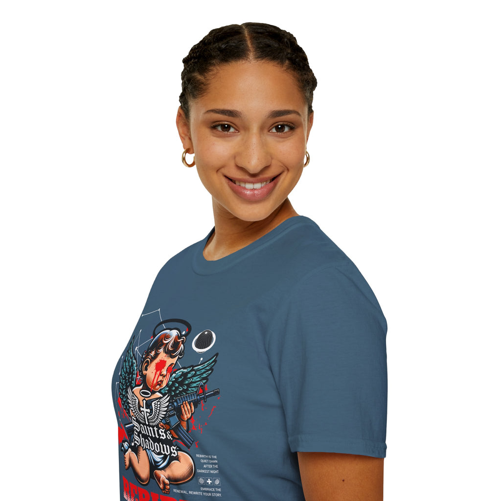 Saints and Shadows - Rebirth, Angelic Artwork Unisex Softstyle T-Shirt, Casual Wear