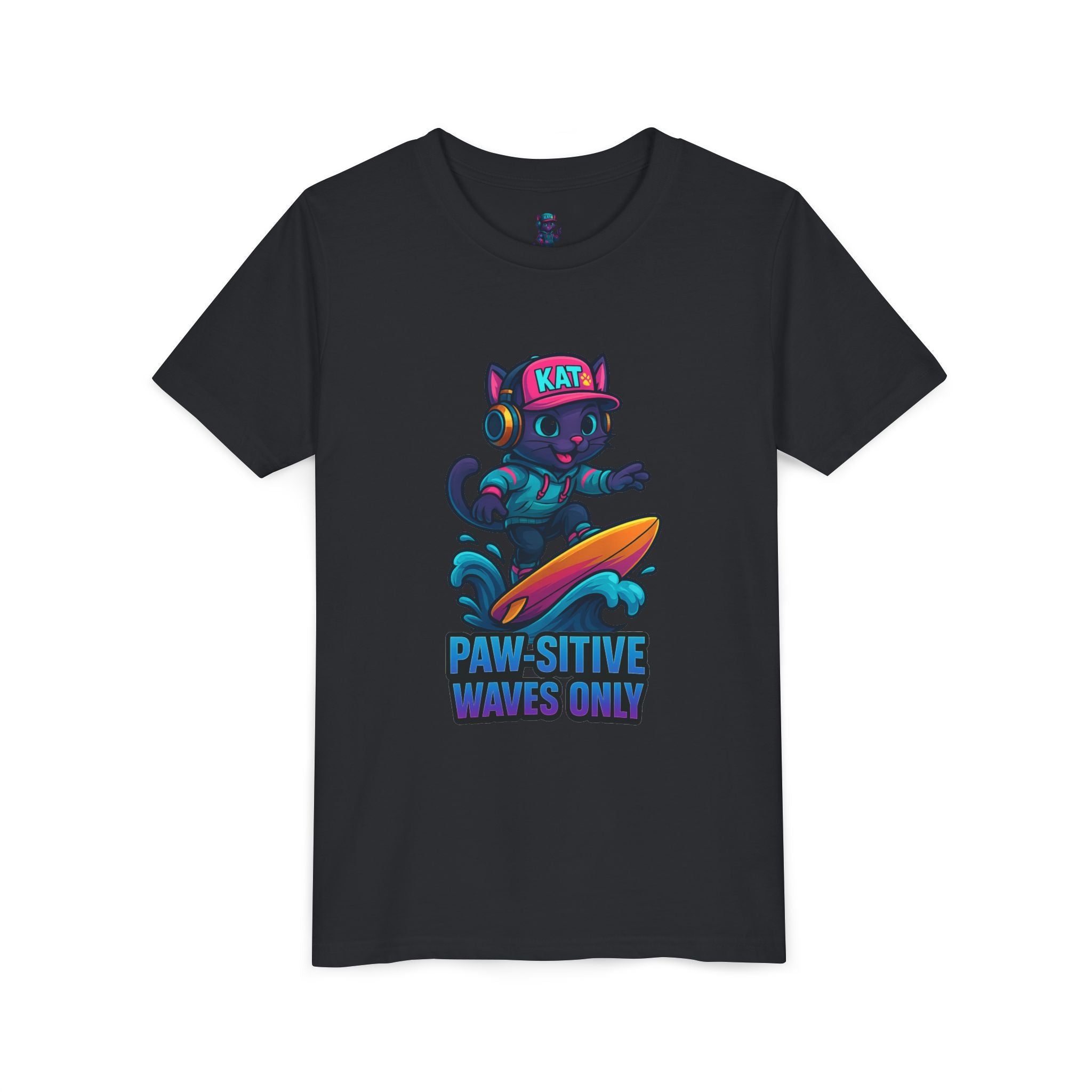DJ KAT PAWS Paw-Sitive Waves Only, Youth Tee | Kids Surfing T-Shirt, Fun Cat Graphic Top, Summer Apparel, Gifts for Animal Lovers