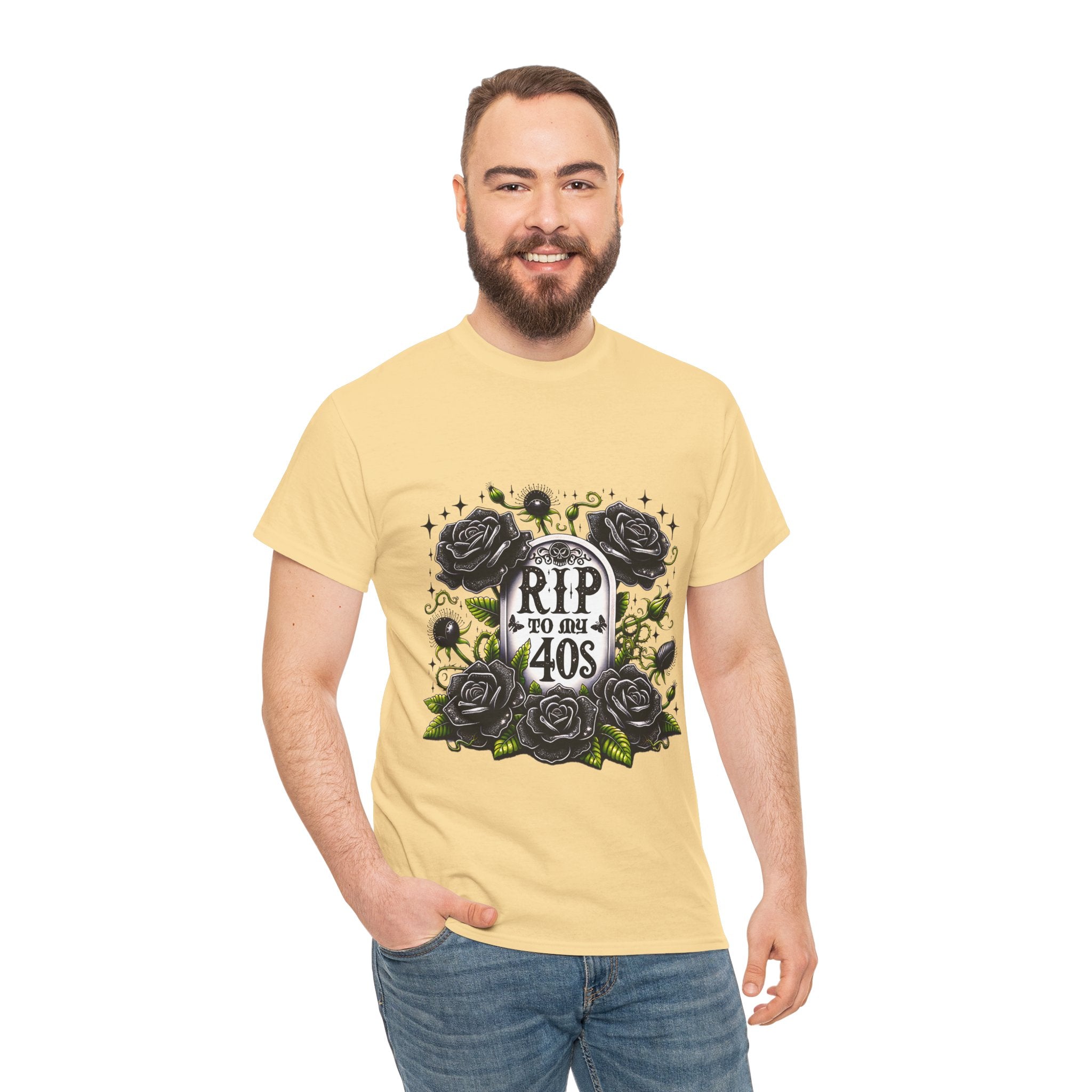 RIP to My 40s Tee, Heavy, Unisex Graphic Shirt, Birthday Gift, Casual Wear, Vintage Style, Floral Design T-shirt