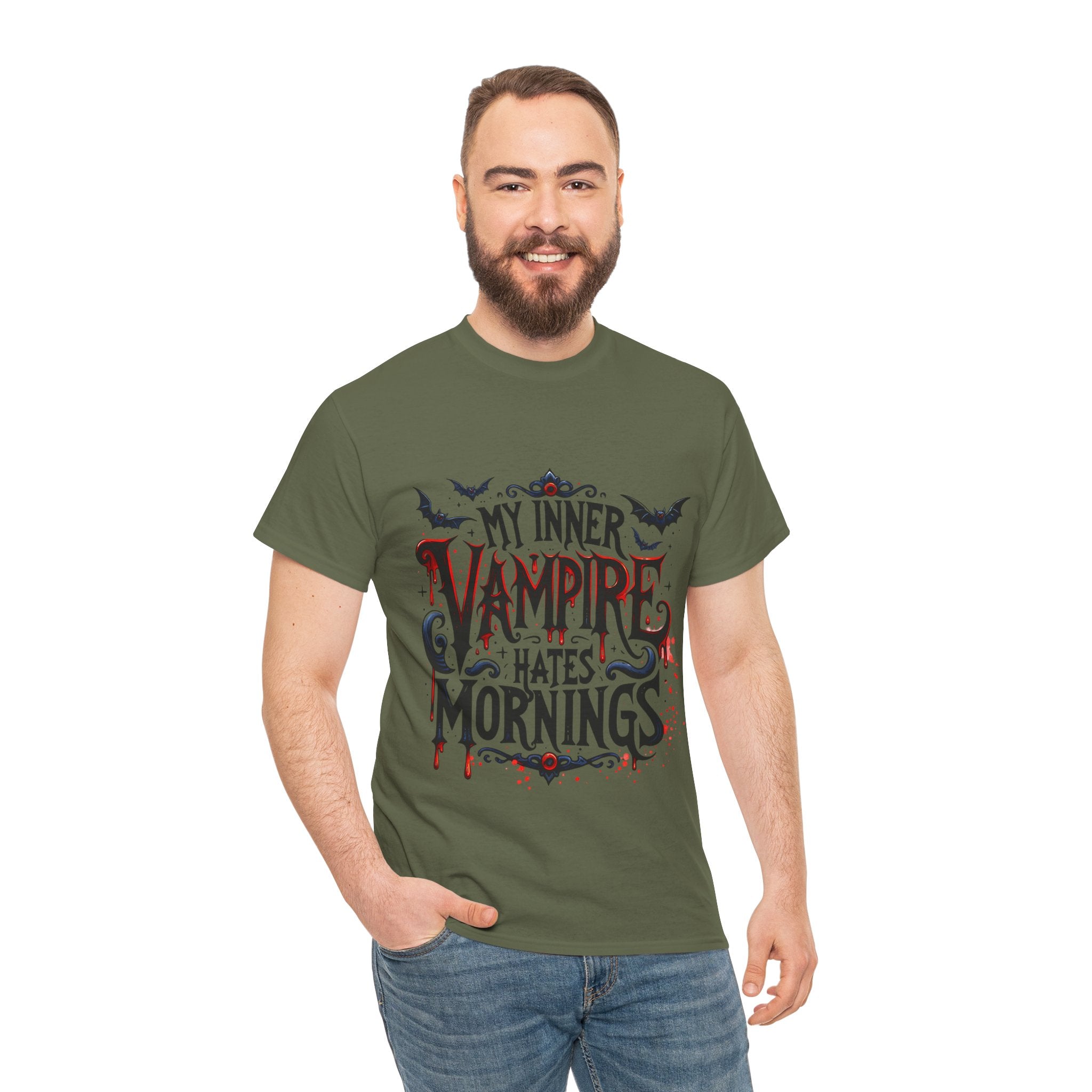 My Inner Vampire Hates Mornings, Tee - Unisex Heavy Cotton Shirt for Halloween, Gifts, Casual Wear, Funny T-Shirt, Vampire Lover Apparel