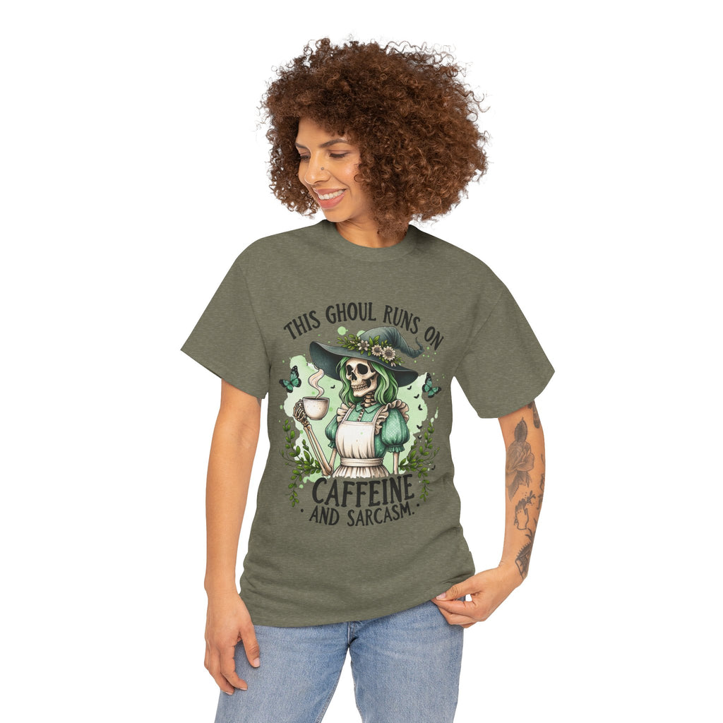 Caffeine and Sarcasm, Funny Halloween Tee, Unisex Tee, Perfect for Gifting, October Festivities, Casual Wear, Skeleton Graphic Tee