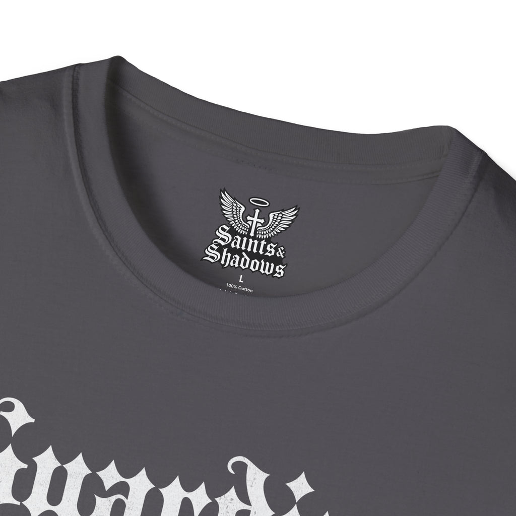 Saints and Shadows - Guardian of the Skyline, Angelic Artwork Unisex Softstyle T-Shirt, Casual Wear